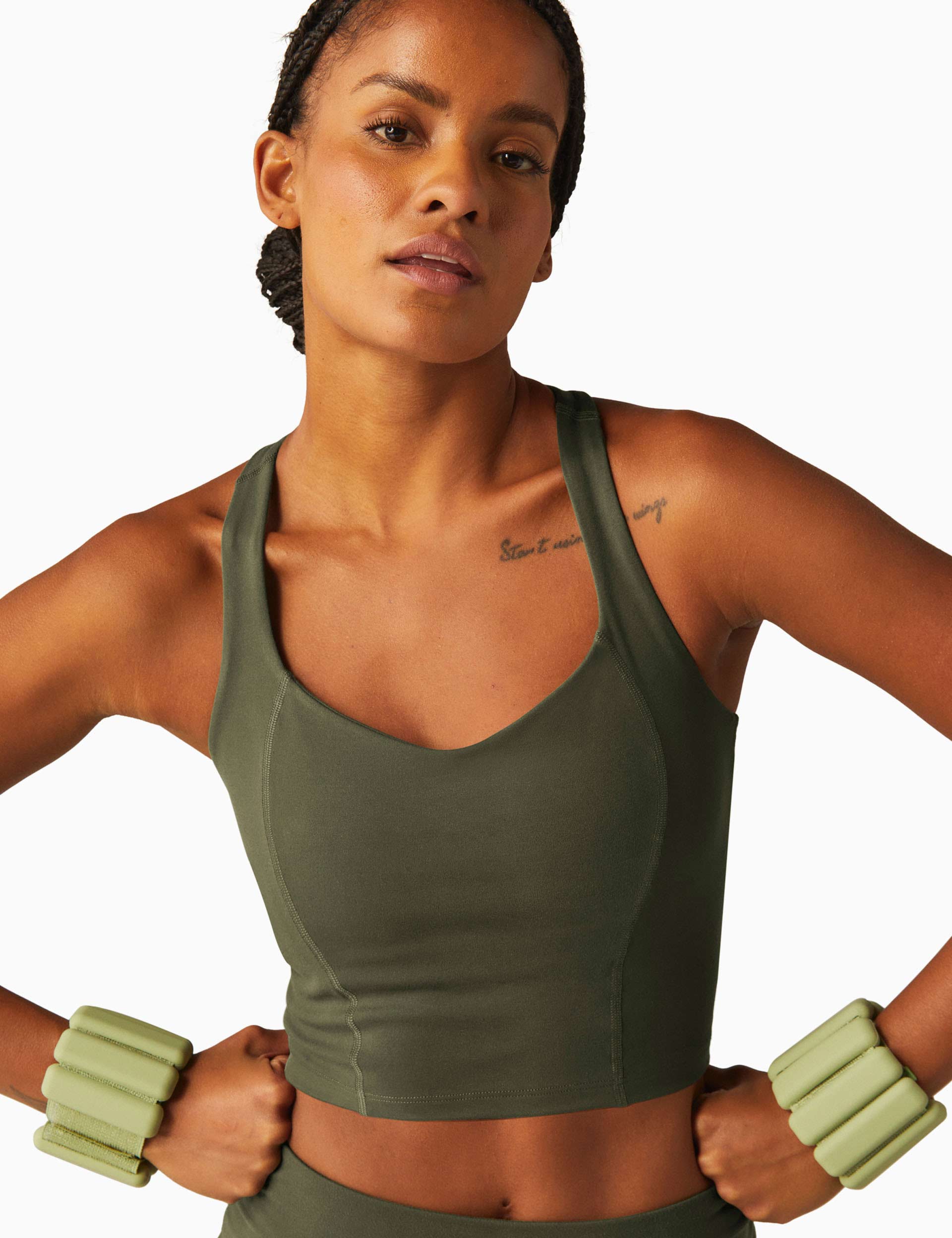 POWERBEYOND Intensity Racerback Cropped Tank Top - Modern Olive Green Workout Shirt for Women | Yoga, Gym & Running Activewear