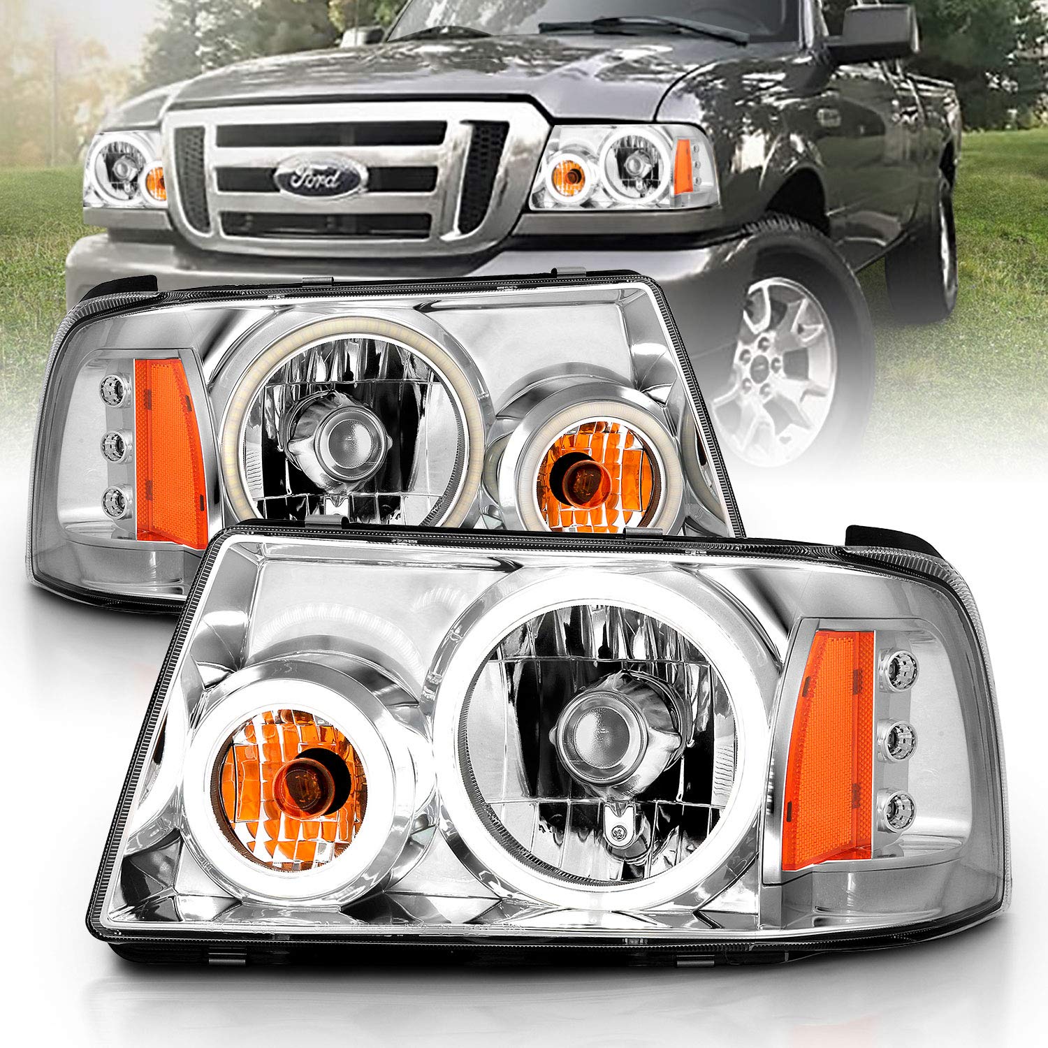 AmeriLite Chrome Replacement LED Headlights with Halo - 1pc Dual Set for 2001-2011 Ford Ranger (Passenger & Driver Side) | Upgrade Lighting for Night Driving & Off-Road Adventures