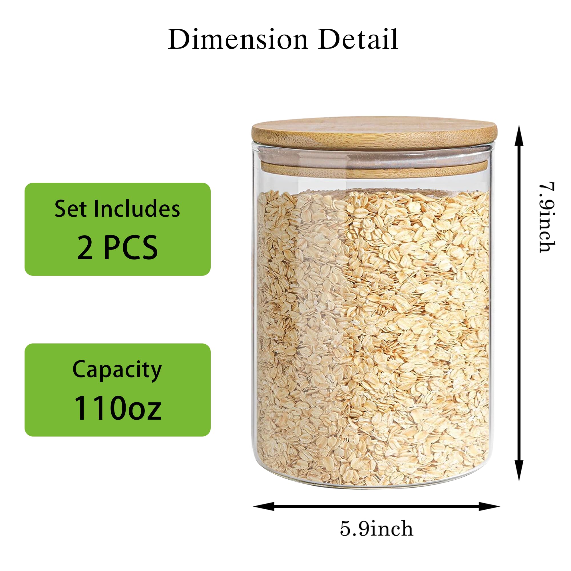 Premium Glass Storage Jars Set with Airtight Bamboo Lids - 2 Pack (111oz) Kitchen Canisters for Flour, Rice, Pasta, Sugar & Coffee Beans | Elegant Food Containers for Pantry Organization & Home Decor