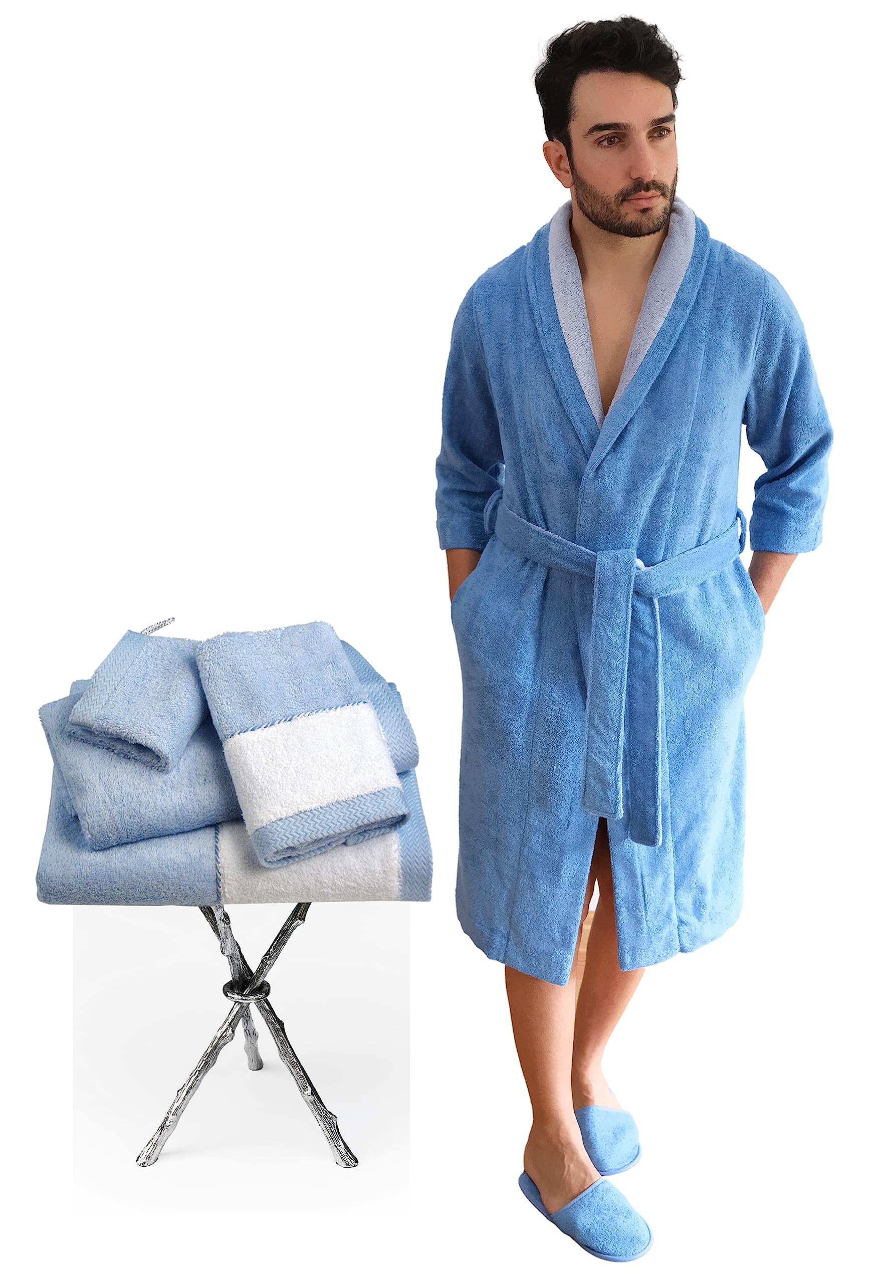 Premium Men's Bathrobe & Slippers Set with Towel - 5 Piece Luxury Spa Gift Set in Medium Blue Grey - Perfect for Home Relaxation, Hotel & Spa Use