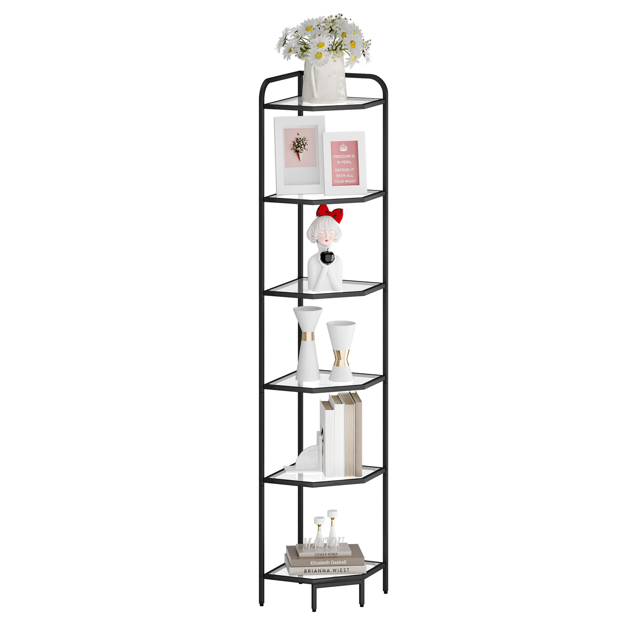 6-Tier Black Corner Shelf Stand - Modern Steel Frame & Tempered Glass Bookcase for Living Room, Bathroom, Kitchen | Space-Saving Organizer for Books, Plants, Bath Essentials & Decor | Perfect for Small Spaces & Home Organization