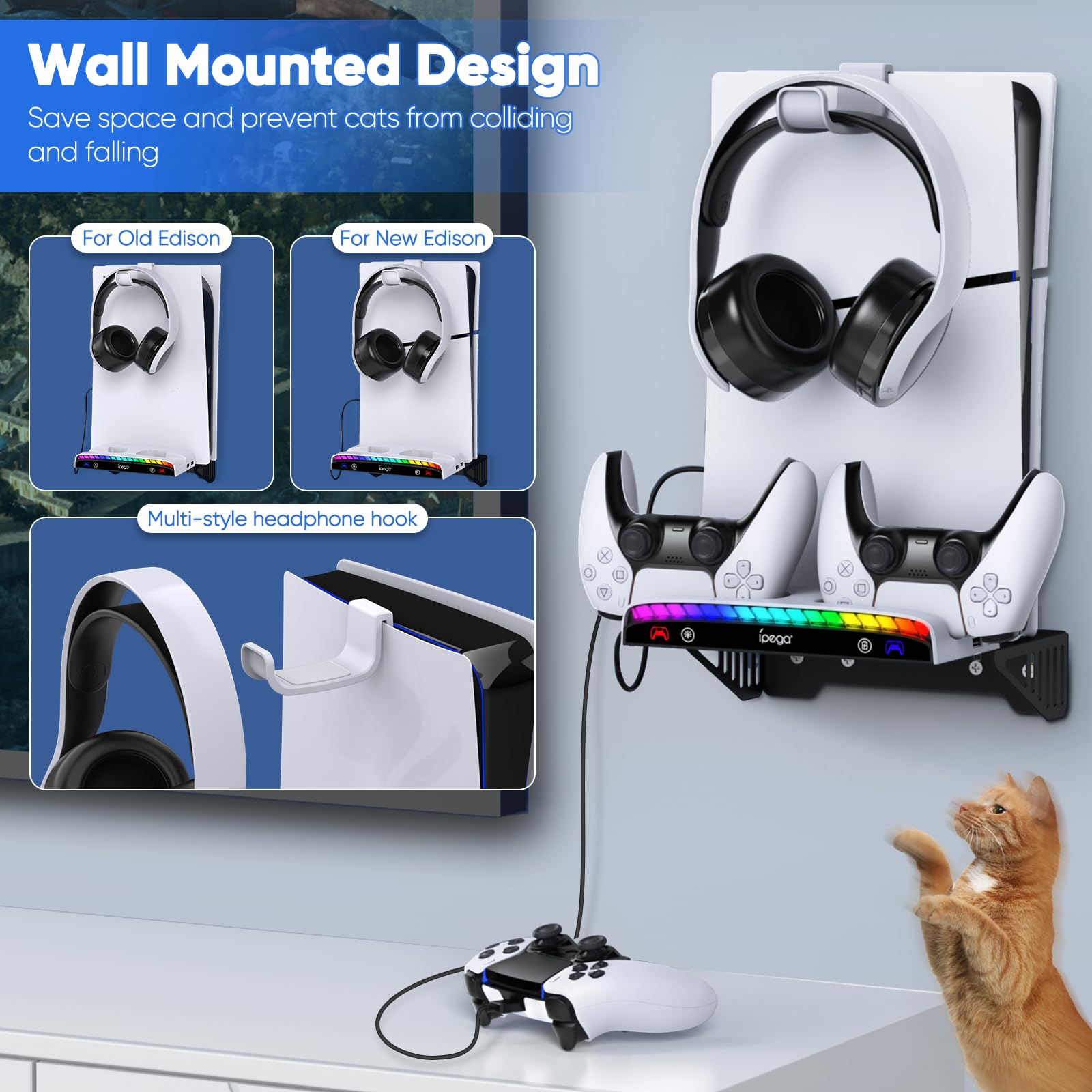 PS5 Slim/PS5 Gaming Console RGB Wall Mount Stand with Charging Station - Stable Metal Bracket for Controller Charger, Headset Holder & 3 USB Hubs (PS5 Slim Pro Disc & Digital Edition) - Perfect for Gaming Setup & Space Saving Organization