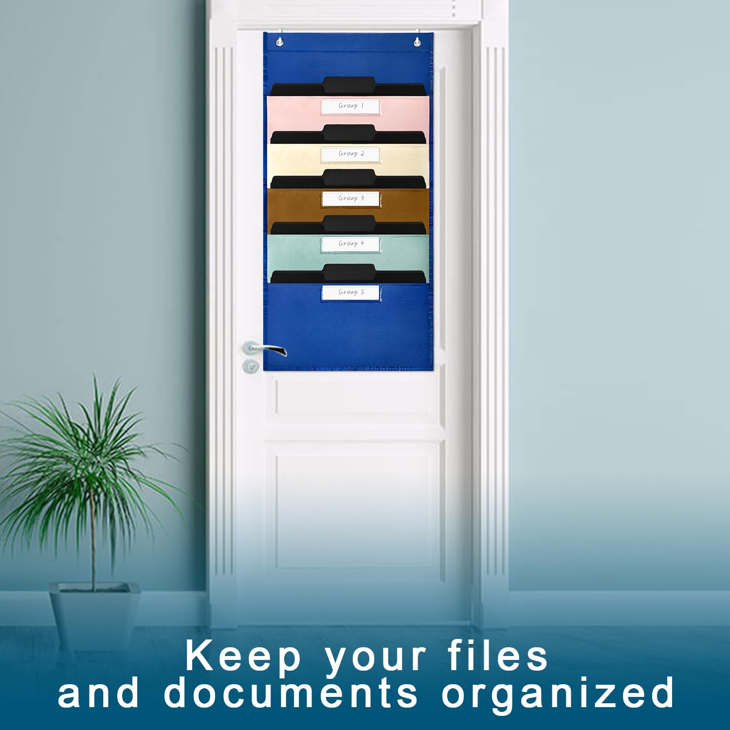 Over the Door Hanging File Organizer with 5 Label Pockets - Wall Mount Teacher & Office Paper Organizer for Classroom, Home, or Work - Perfect for Assignments, Documents, and File Storage