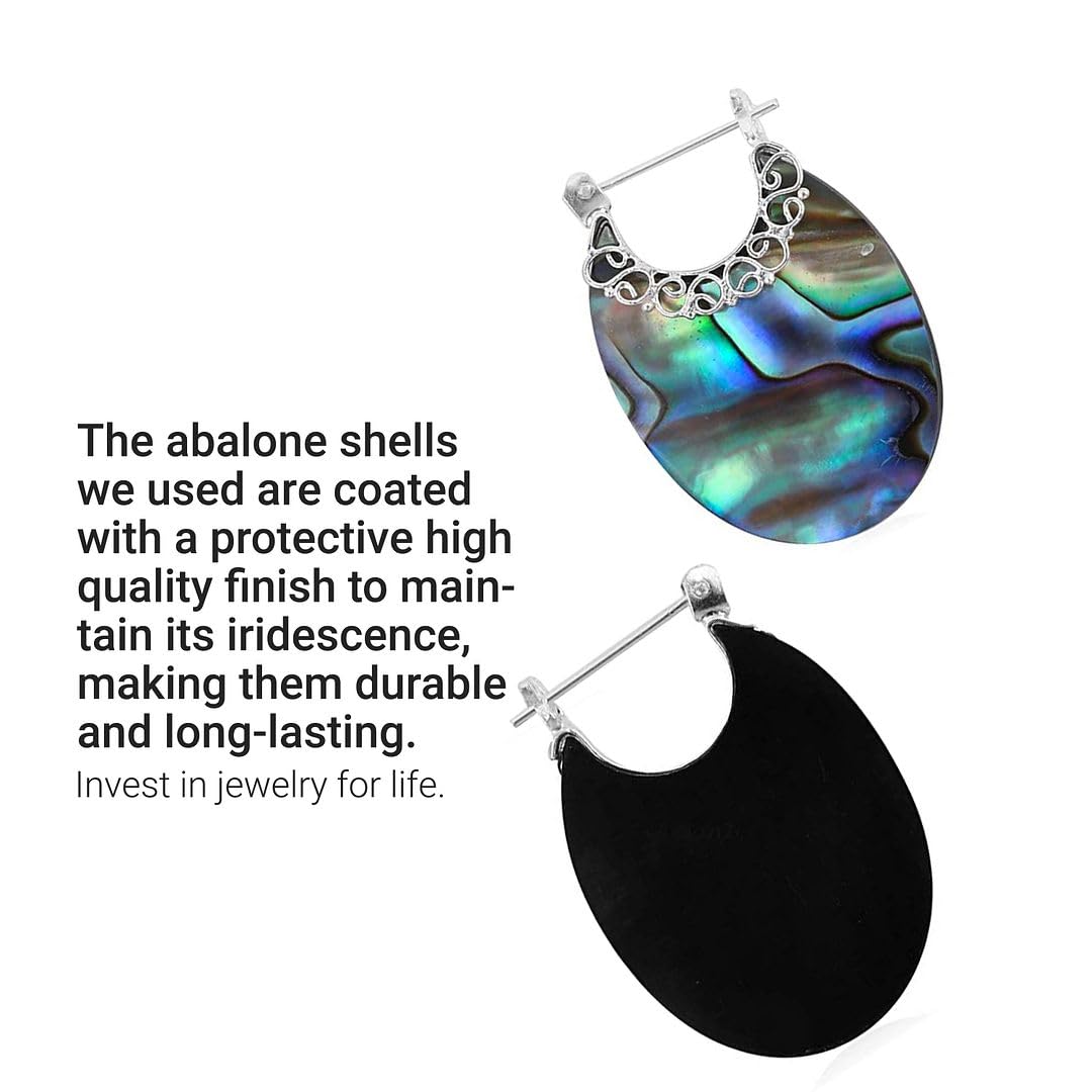 925 Sterling Silver Genuine Abalone Shell Hoop Earrings - Handmade Boho Jewelry for Women - Natural Abalone Bali Dangling Earrings - Perfect for Birthday Gifts, Beach Parties & Boho Fashion Accessories