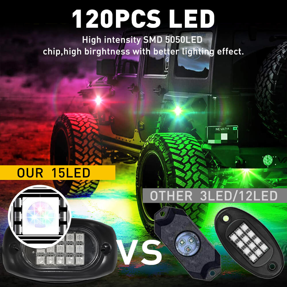 RGB LED Pod Rock Lights Kit - Wireless APP Control, Music Sync & Chasing Effects Underbody Neon Lights for 12V SUV, Jeep, Truck (15 LEDs Per Light) - Perfect for Off-Roading, Car Shows & Night Driving