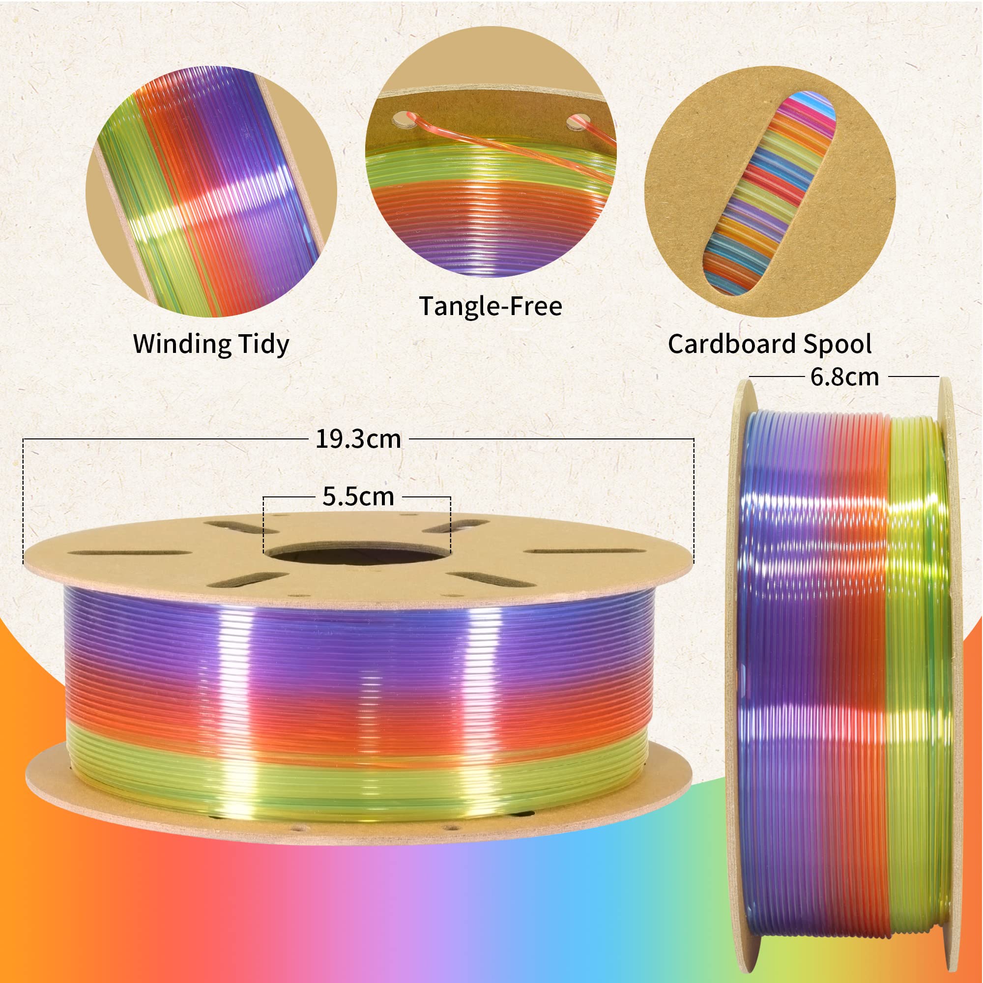 Clear Rainbow PLA 3D Printing Filament - Transparent Multicolor Fast Color Change Filament for 3D Printers & Pens | Perfect for DIY Crafts, Cosplay Props, and Artistic Creations