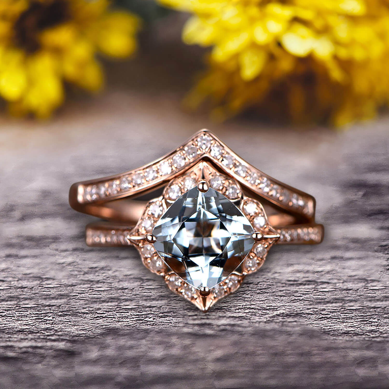 1.75 Carat Aquamarine Engagement Ring in 10k Rose Gold with V-Shape Matching Wedding Band - Halo Cushion Cut Anniversary Ring for Women | Perfect for Proposals, Weddings & Special Occasions