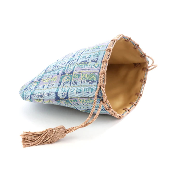 Nishijin Ori Small Drawstring Bag - Snake & Blue Pattern | Handmade in Kyoto Japan | Traditional Japanese Craft Purse for Coins, Jewelry & Gift Giving