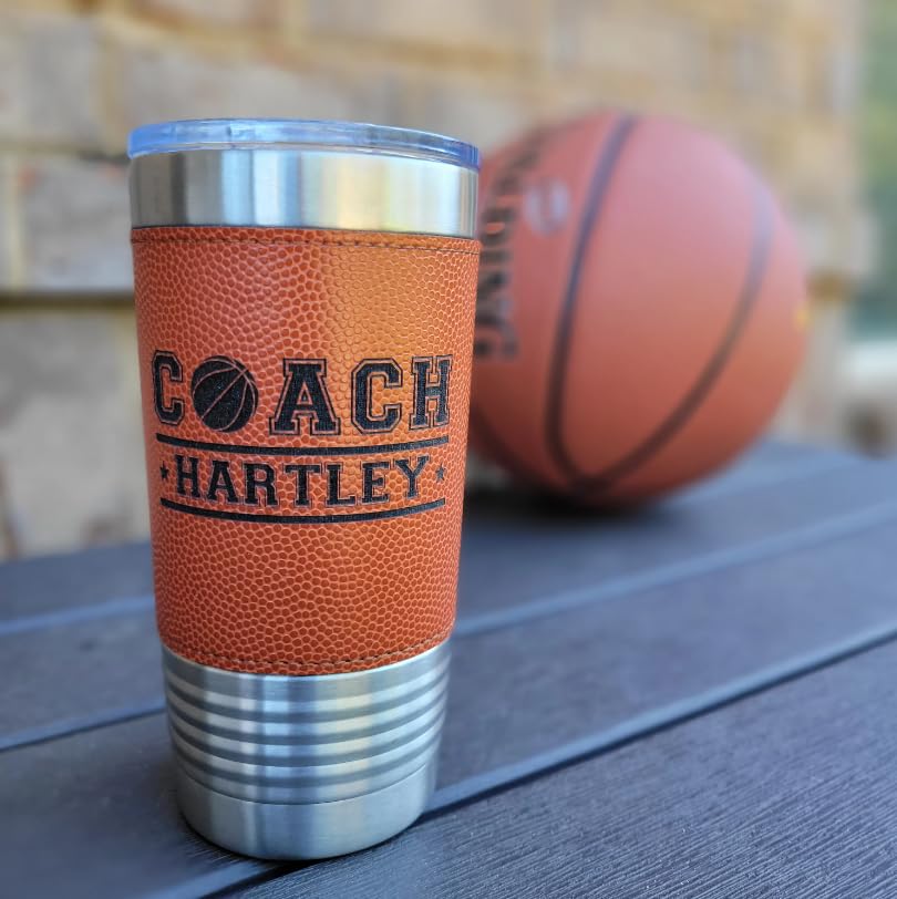 Personalized 20oz Basketball Tumbler - Insulated Stainless Steel Leatherette Cup with Basketball Texture Design - Perfect Gift for Basketball Players, Coaches & Fans - Great for Games, Practices & Office Use