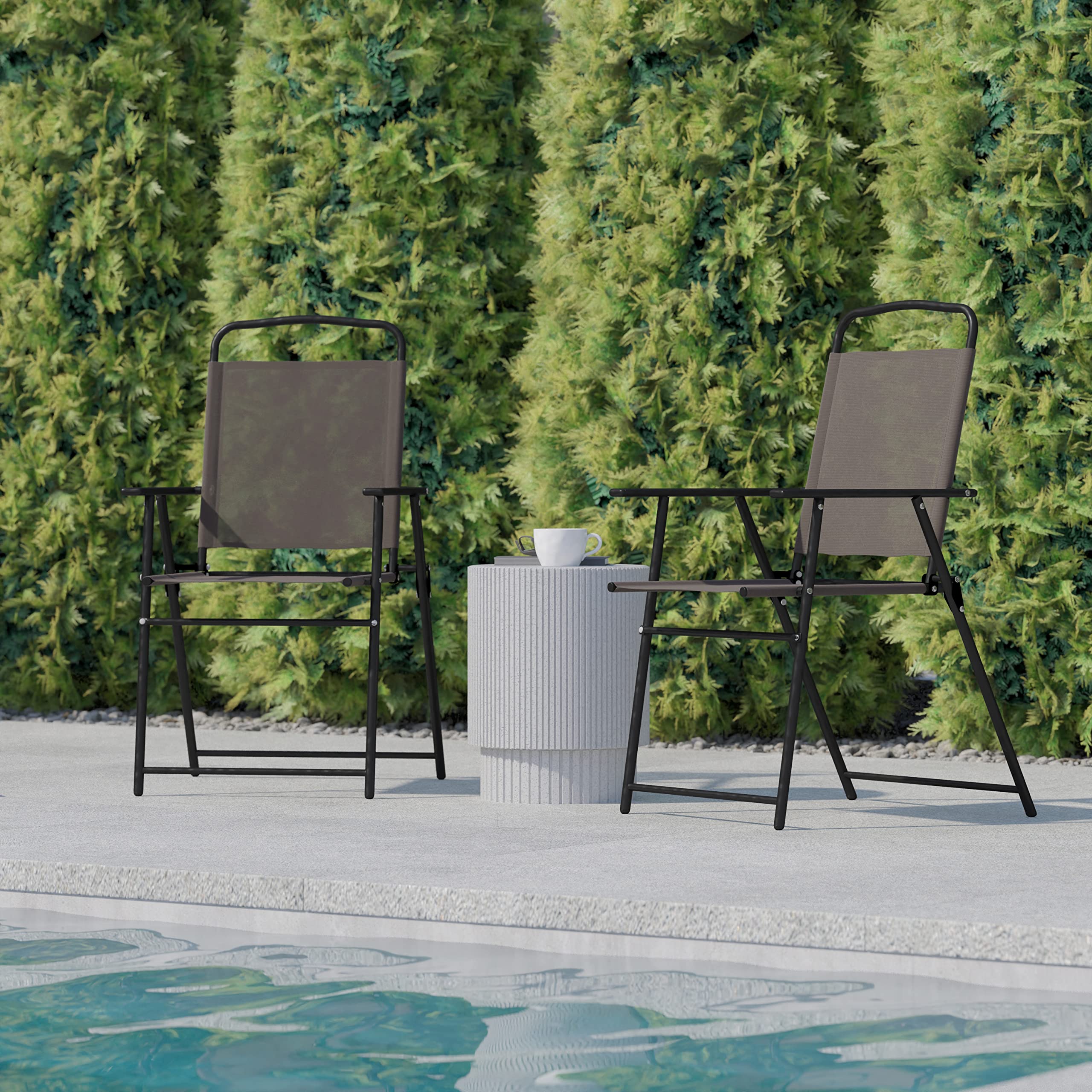 Flash Furniture Mystic Folding Patio Sling Chairs - Set of 2 Brown Textilene Outdoor Lawn Chairs with Armrests | Perfect for Backyard, Poolside & Garden Relaxation
