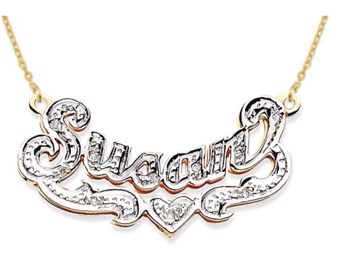 Rylos Personalized 925 Sterling Silver & Gold Plated Nameplate Necklace for Women & Men - 0.10 Carat Diamond Engraved Jewelry - Perfect for Anniversaries, Birthdays & Special Gifts