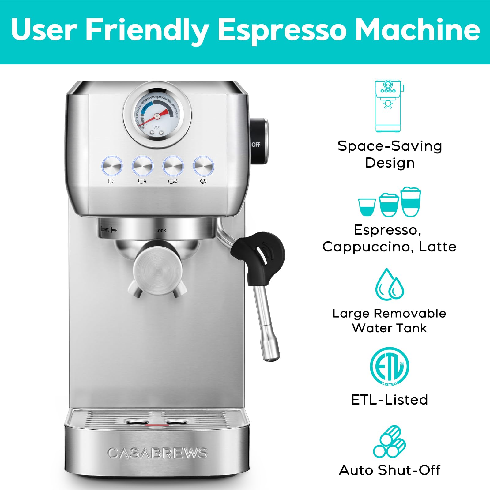 CASABREWS 20 Bar Espresso Machine with Steam Milk Frother - Stainless Steel Coffee Maker for Cappuccino & Latte - 43.9 oz Removable Water Tank - Perfect for Home Baristas & Coffee Lovers