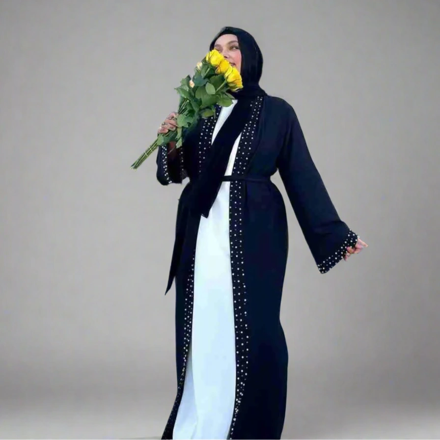 Elegant Beaded Open Abaya Dress for Women - Modest Muslim Fashion with Handcrafted Beadwork - Perfect for Eid, Weddings & Special Occasions