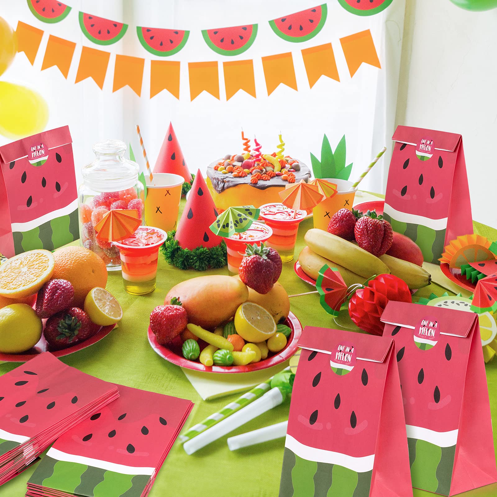 32Pcs Watermelon Themed Party Favor Bags with Stickers - Summer Fruit Candy Treat Bags for Birthday, Pool Party & Tropical Themed Events - Reusable Goodie Bags for Kids & Adults - Perfect for Summer Celebrations, Beach Parties & School Events