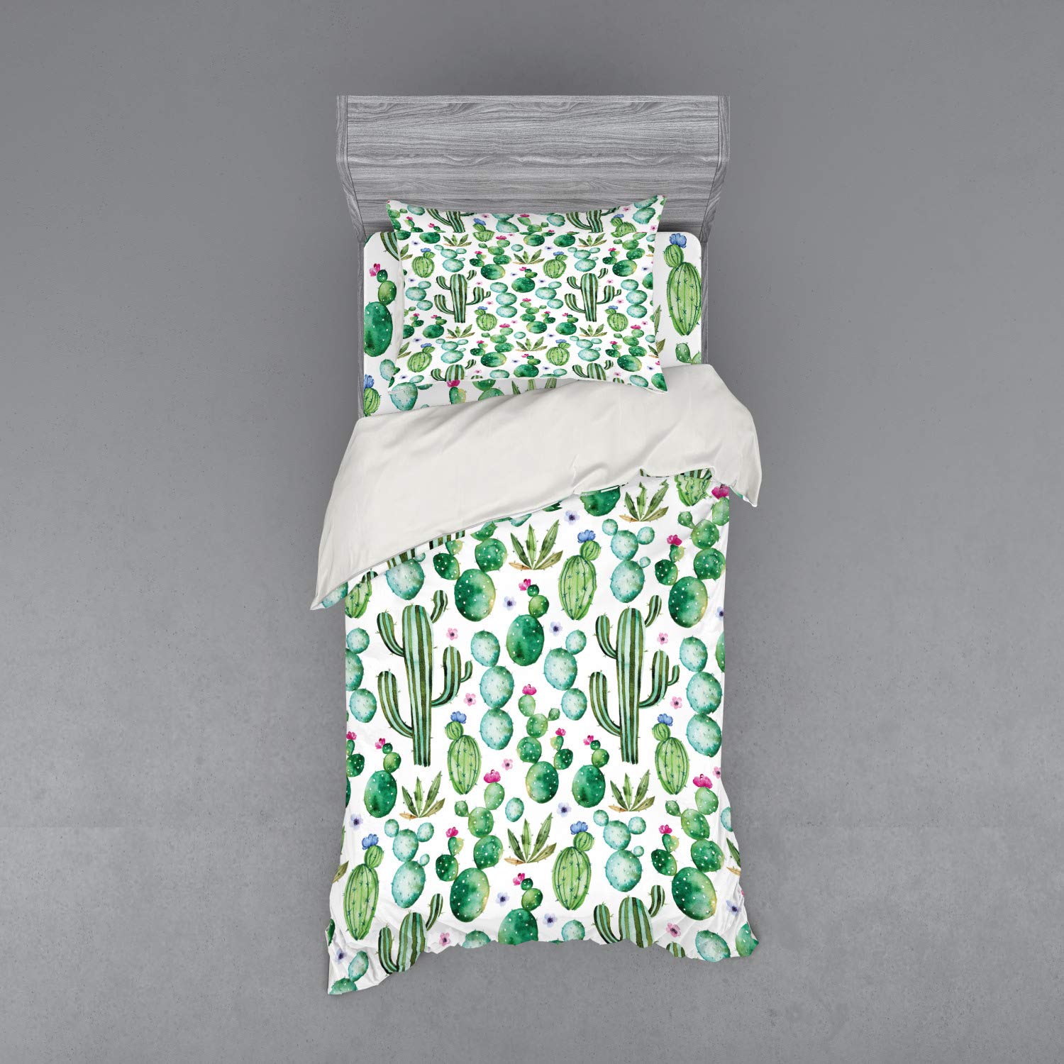 Ambesonne Green Duvet Cover Set - Mexican Texas Cactus Plants Spikes Cartoon Print 3-Piece Bedding Set with Pillow Sham & Fitted Sheet, Twin Size, White Pale Pink & Lime Green - Perfect for Southwestern & Boho Bedroom Decor