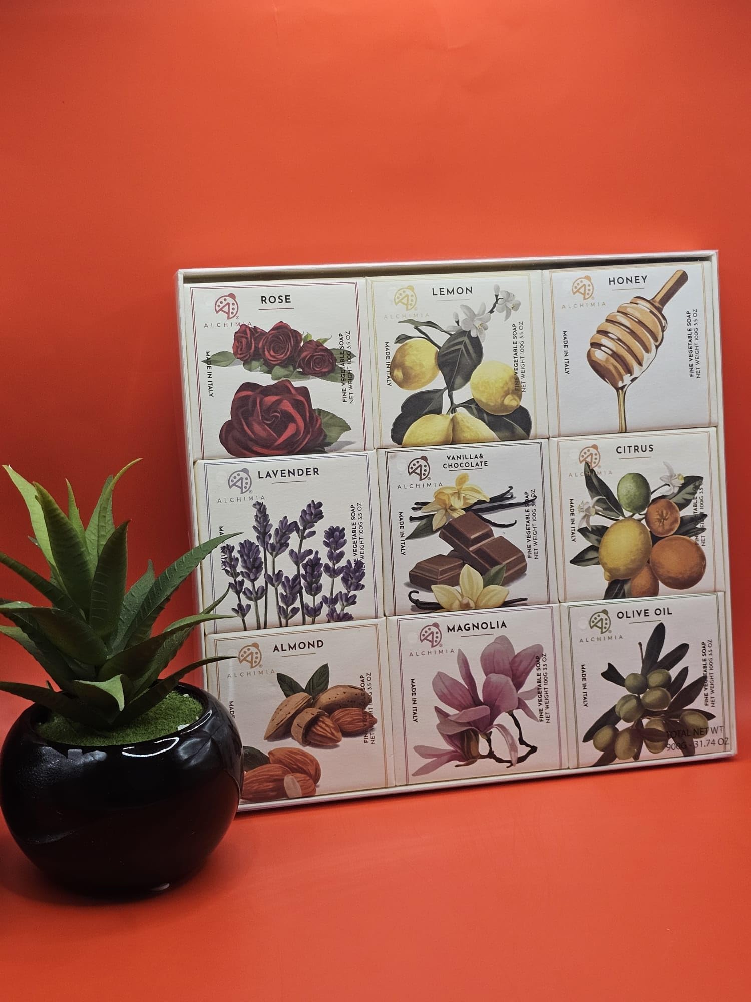 Alchimia Handmade Soap Variety Pack - 9 Bars (3.5 Oz Each) with Rose, Lemon, Honey, Lavender, Vanilla Chocolate, Citrus, Almond, Magnolia & Olive Oil Scents | Imported from Italy | Perfect for Gifts, Spa Days & Luxury Bathing