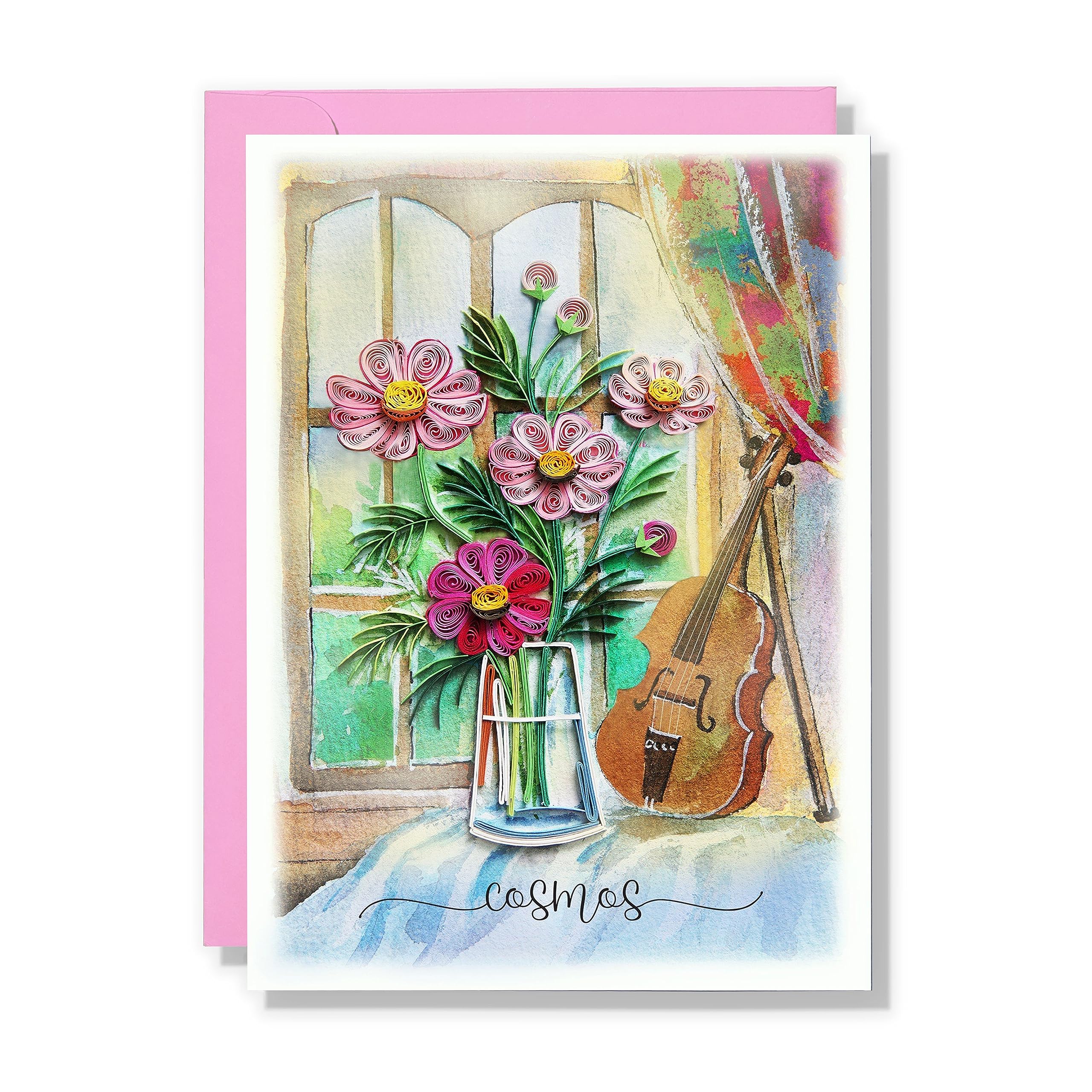 Handmade Cosmos Quilling Greeting Card - Floral Birthday & Anniversary Card - 5x7 Inch Blank Inside - Perfect for Special Occasions, Weddings, Thank You Gifts & Home Decor