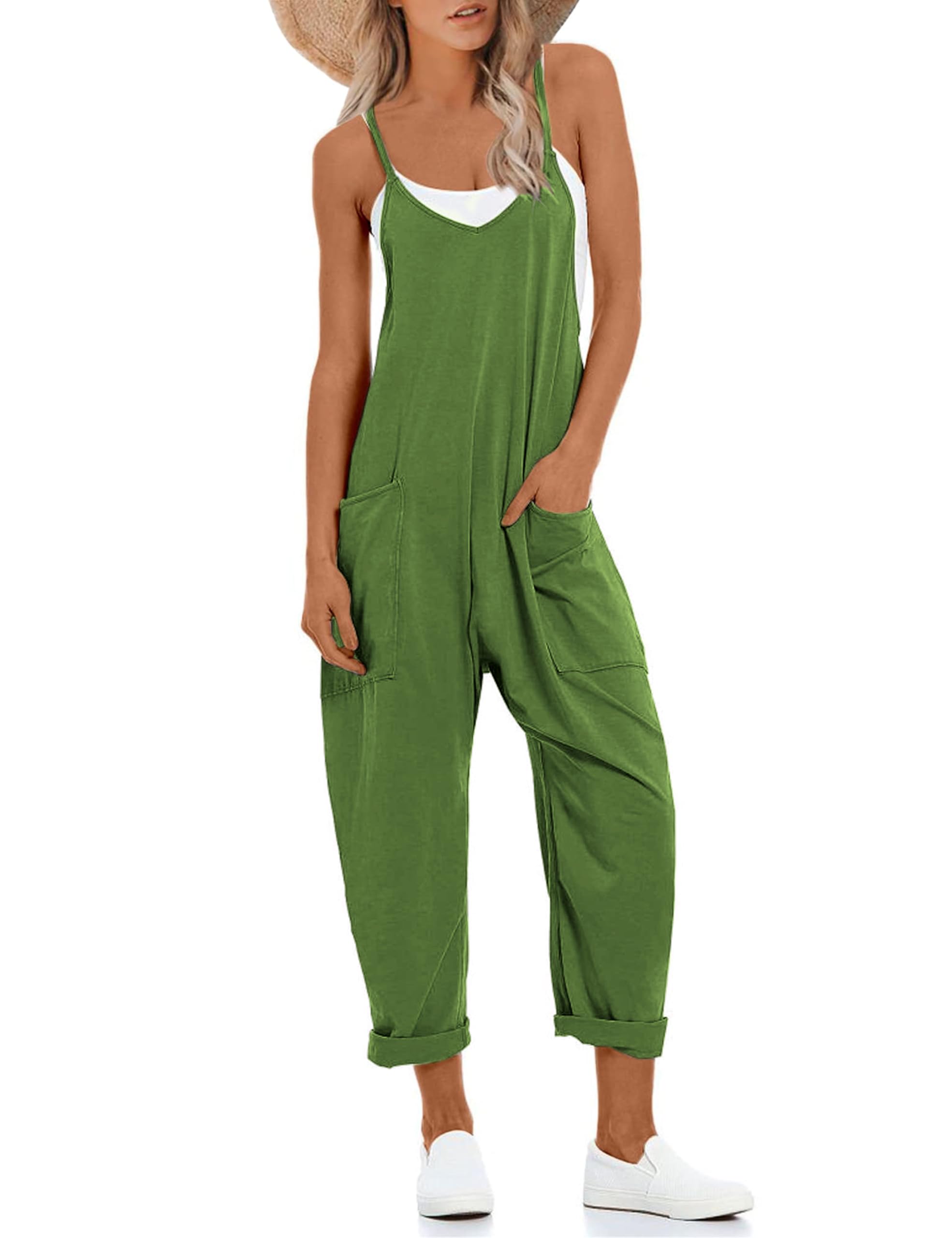 Lentta Women's Casual Jumpsuit - V Neck Sleeveless Harem Overalls with Pockets, Stretchy Adjustable Strap Romper for Summer Outfits & Beach Wear
