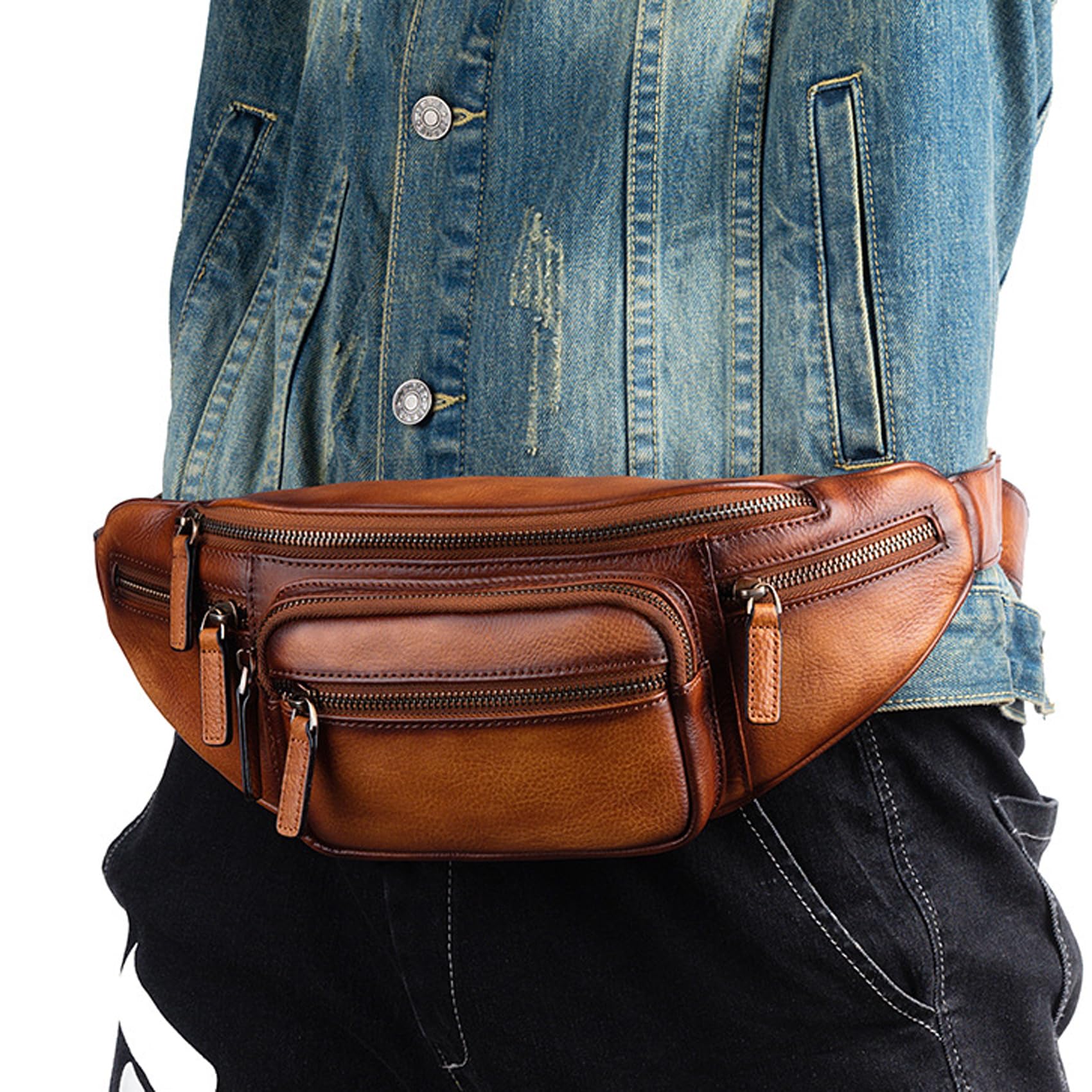 Genuine Leather Waist Pack for Men & Women - Crossbody Fanny Pack with Multiple Pockets - Travel, Hiking & Everyday Use (Brown)