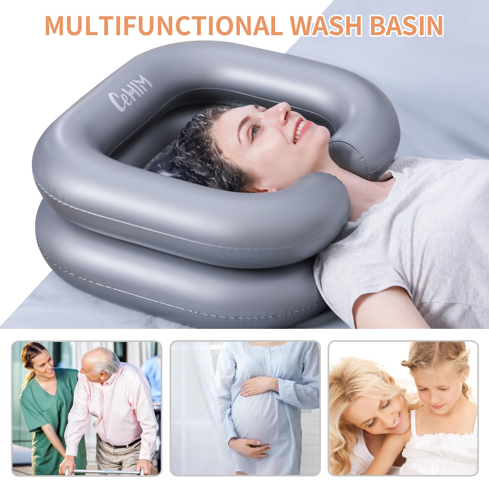 **Portable Inflatable Shampoo Basin for Bedridden & Disabled - Hair Washing Bowl for Home, Salon, or Travel - Silver (Ideal for Dreadlocks, Post-Surgery, and Sink-Free Hair Care)**