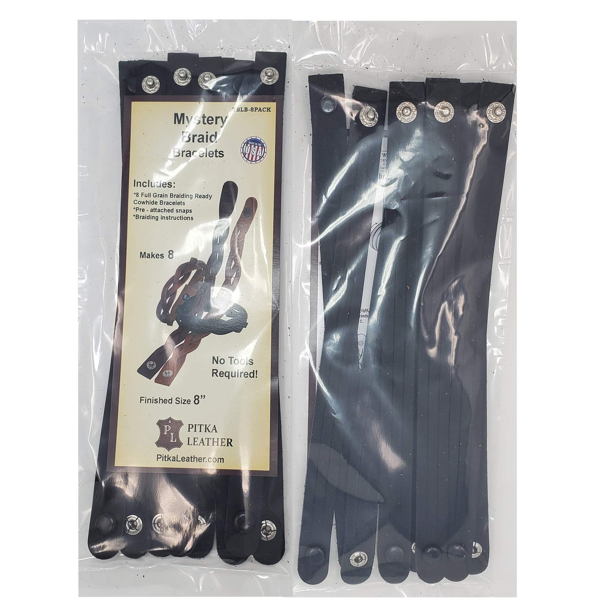 8-Pack Black Leather Bracelet Braiding Kit - DIY Handmade Mystery Braid Bracelets - Made in USA - Perfect for Gifts, Boho Fashion & Festival Accessories