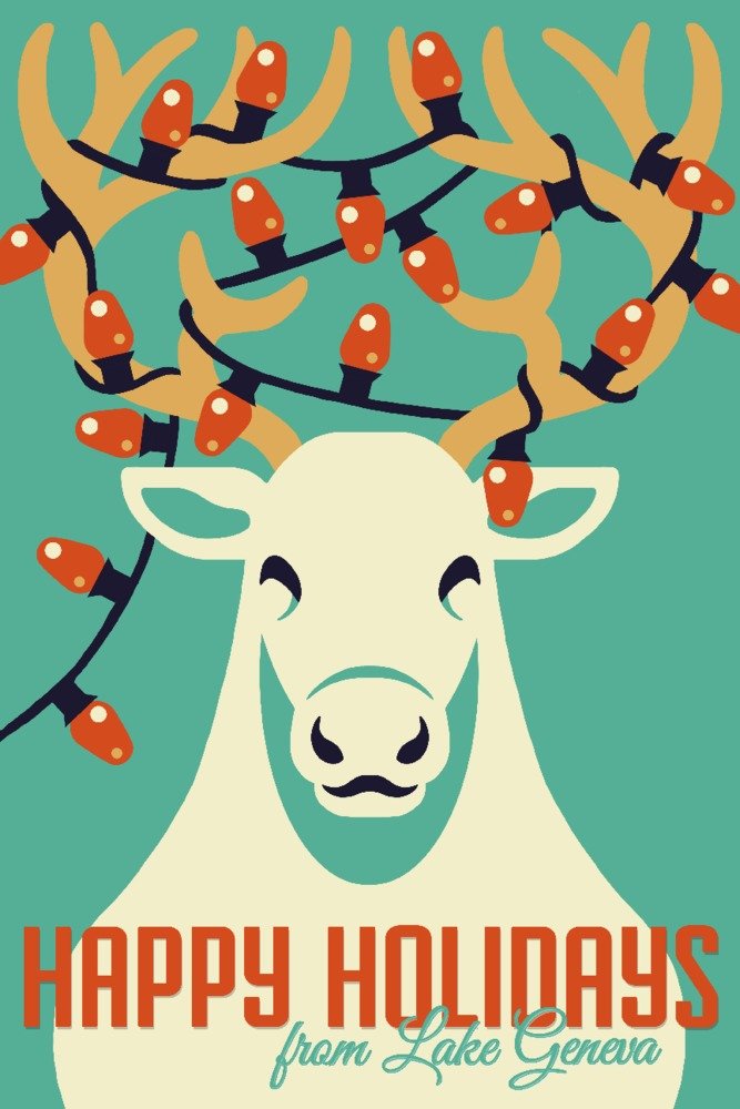 Lake Geneva Wisconsin Retro Christmas Travel Poster - 36x54 Giclee Gallery Print, Holiday Wall Decor with Reindeer Design - Perfect for Living Room, Office & Holiday Home Decoration