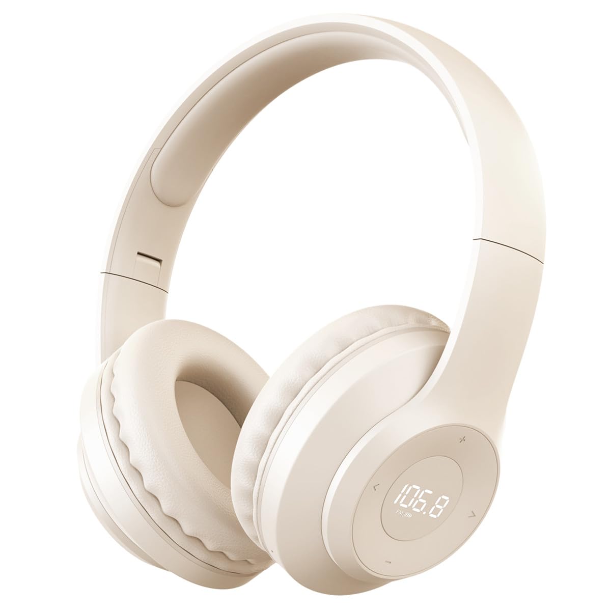 X5 Rechargeable FM Radio Headphones - Portable Wireless Headset with LED Display, Soft Ear Cushions & Strong Reception - Ideal for Meetings, Work, Hiking, Jogging & Outdoor Activities (Beige)