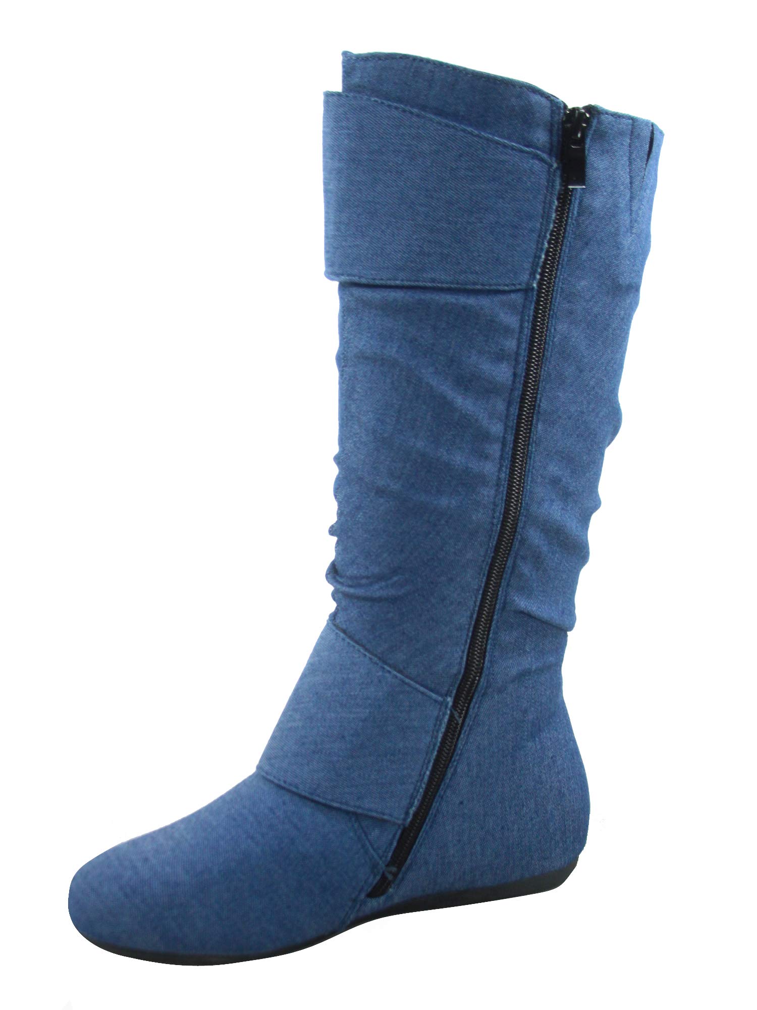 TOP Moda Bank-81 Women's Fashion Round Toe Flat Heel Zipper Buckle Slouchy Mid Calf Boots for Casual Outfits & Winter Wear