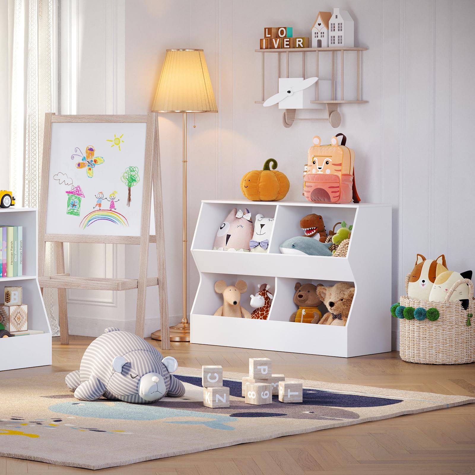 DINZI LVJ Kids Bookshelf & Toy Storage Organizer - 4 Cubby Wooden Bookcase for Children's Bedroom, Nursery, School - White 31.5