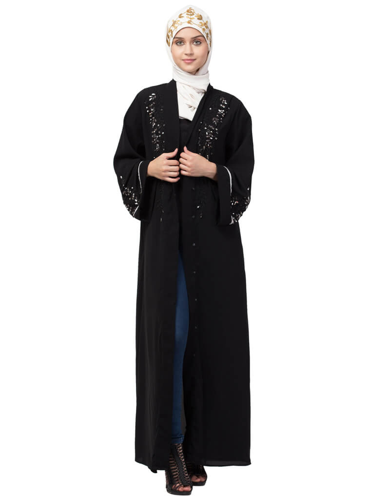 Elegant Black Arabic Abaya with Front Open Design & Hand Embroidery on Sleeves - Perfect for Prayer, Modest Fashion & Special Occasions