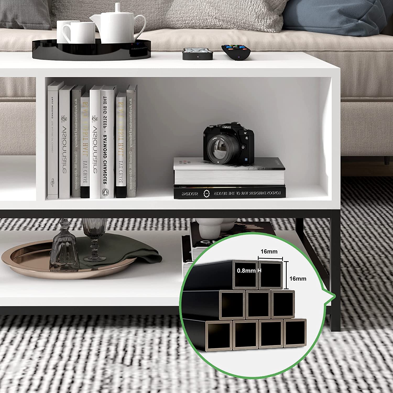 Watson White & Green Wood Coffee Table with Steel Frame, Shelves & Drawer - Modern Living Room Furniture for Small Spaces, Apartments & Home Decor
