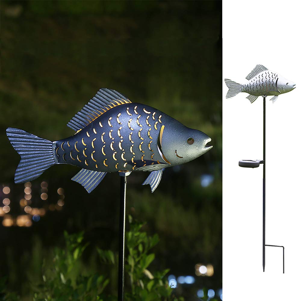 KAIXOXIN Solar Garden Lights - Metal Fish Decorative Stake Outdoor Solar Lights for Patio, Yard, Pathway - Warm White LED Solar Powered Landscape Lighting (Silver, 1-Pack) - Perfect for Garden Decor, Walkway Illumination, and Backyard Ambiance