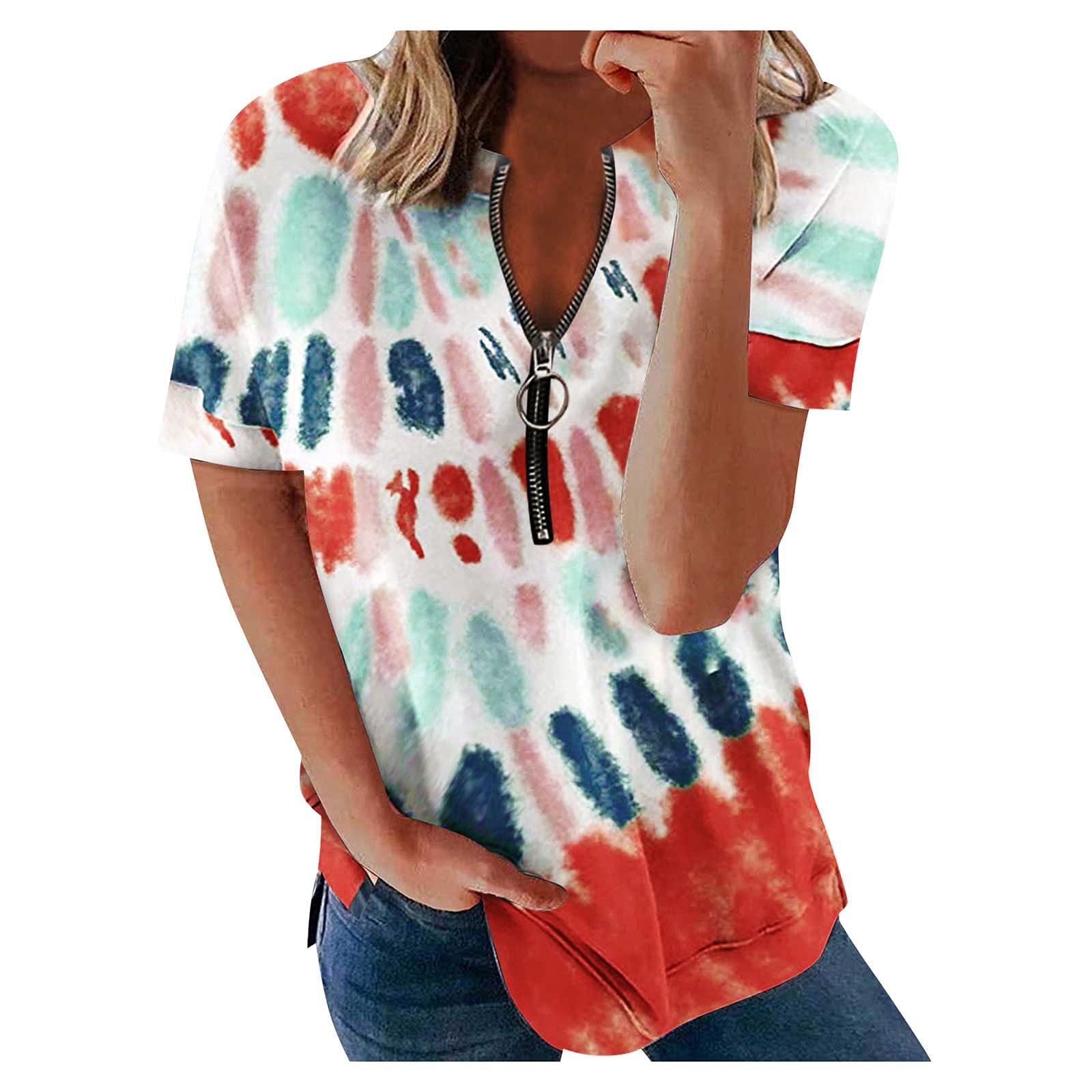 Women's V Neck Short Sleeve T-Shirt with Zipper Detail & Stripe Print - Casual Summer Loose Fit Blouse for Everyday Wear, Outings, and Beach Vacations