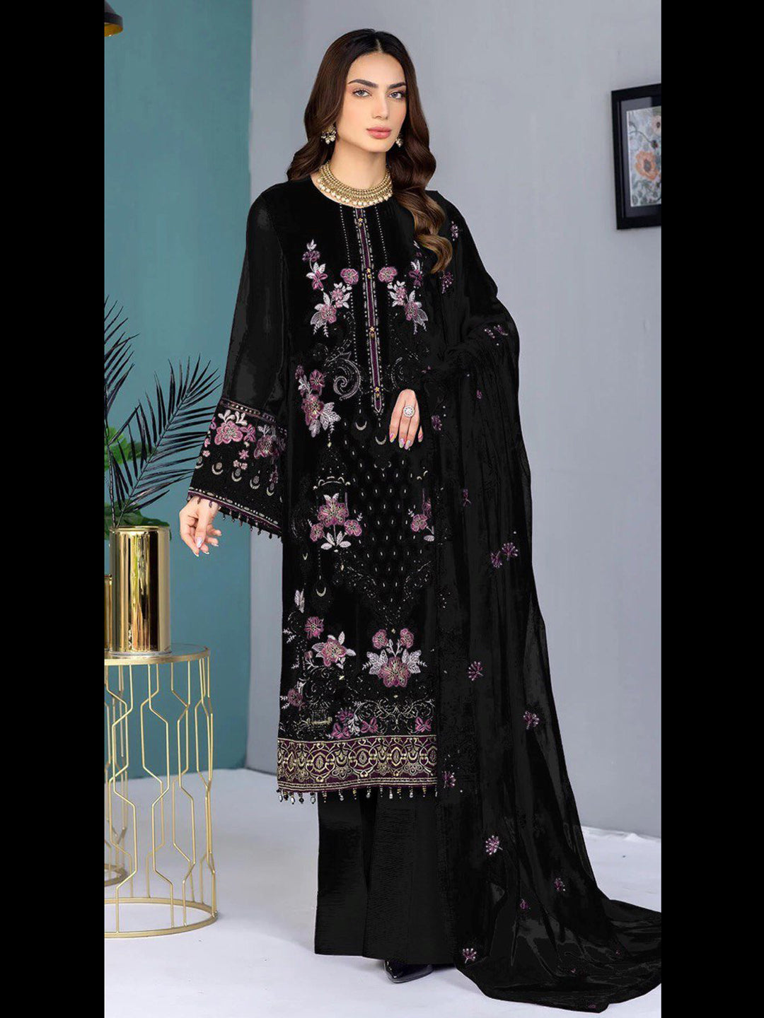 Elegant Black Georgette Semi-Stitched Pant Suit with Embroidery & Sequins - Perfect for Weddings, Parties & Special Occasions