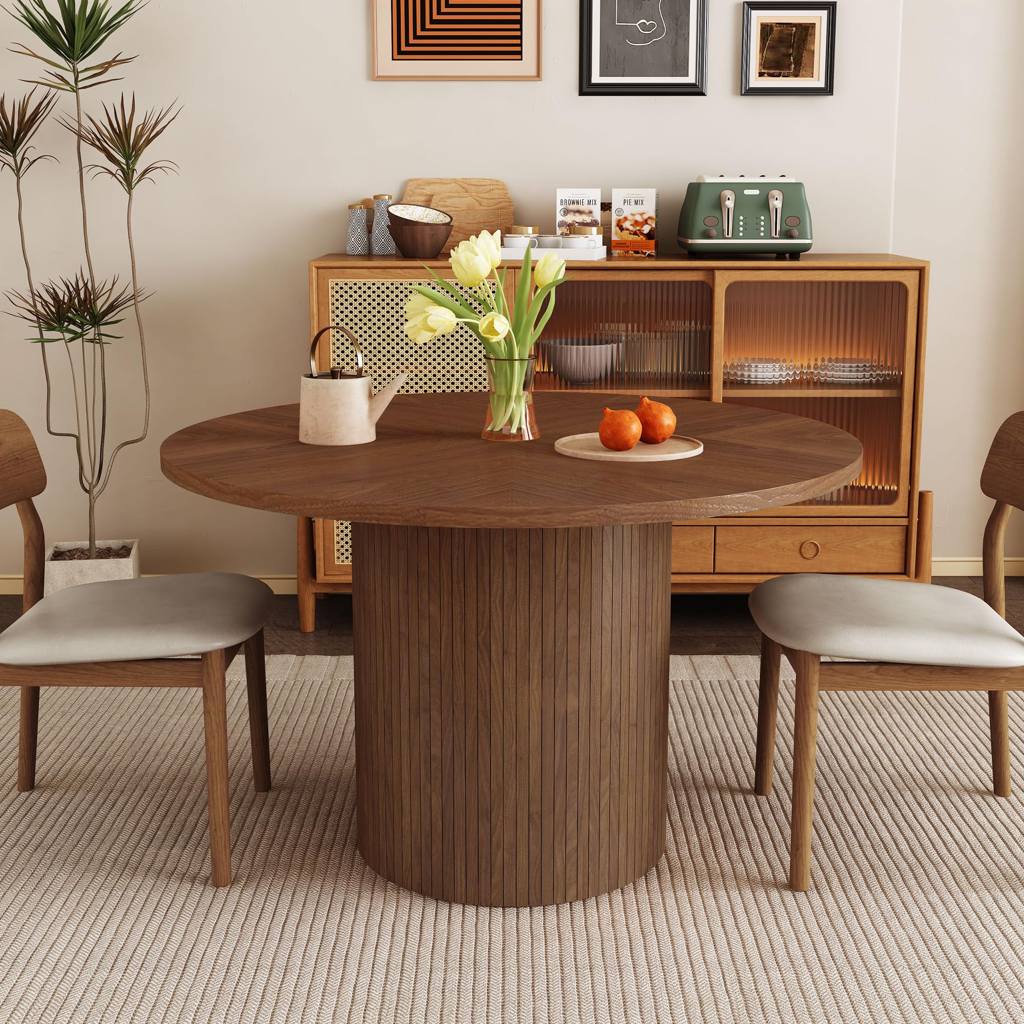 47 Inch Round Dining Table for 4 - Modern Farmhouse Kitchen Table with Wood Strip Base - Solid Wood Circle Dining Table for Small Spaces - Perfect for Kitchen, Living Room & Breakfast Nook (Walnut)