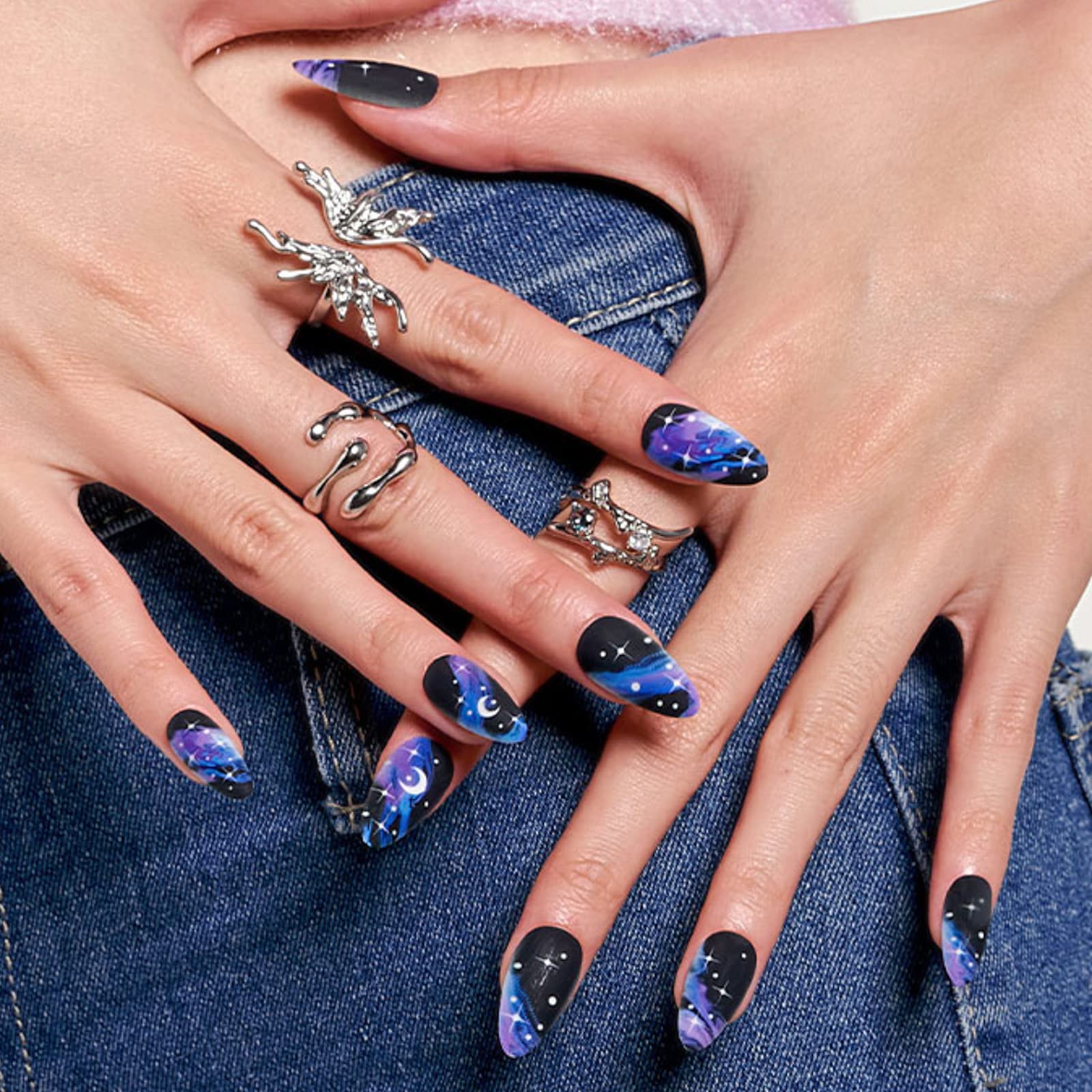Glamermaid Black Press on Nails - Medium Almond Shape with Dull Blue Ombre & Galaxy Star Design - Reusable Acrylic Fake Nails for Women - Perfect for Parties, Weddings, and Special Occasions