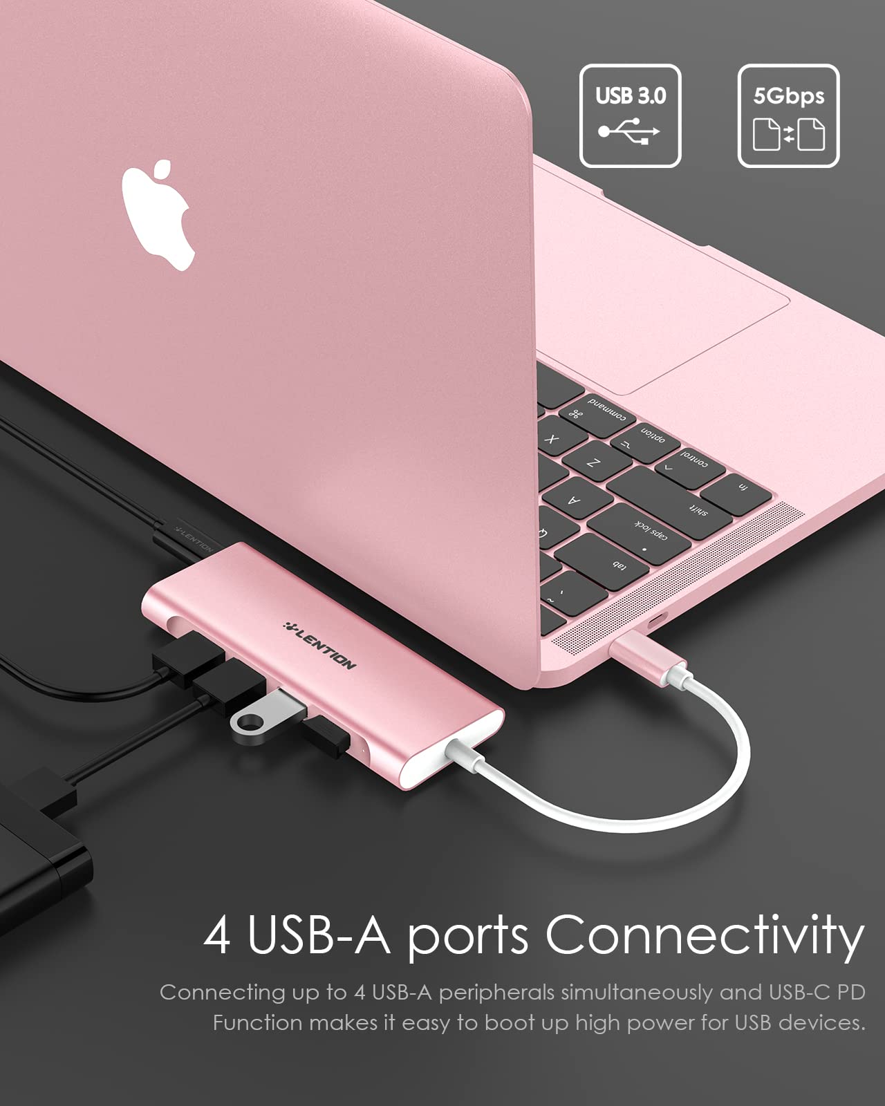 LENTION USB-C Hub 8-in-1 with 4K HDMI, 100W PD Charging, 4 USB 3.0 Ports, SD/TF Card Reader - Compatible with MacBook Pro/Air, Surface, Chromebook, iPhone 15 - Rose Gold | Perfect for Home Office, Travel & Multi-Screen Workstations