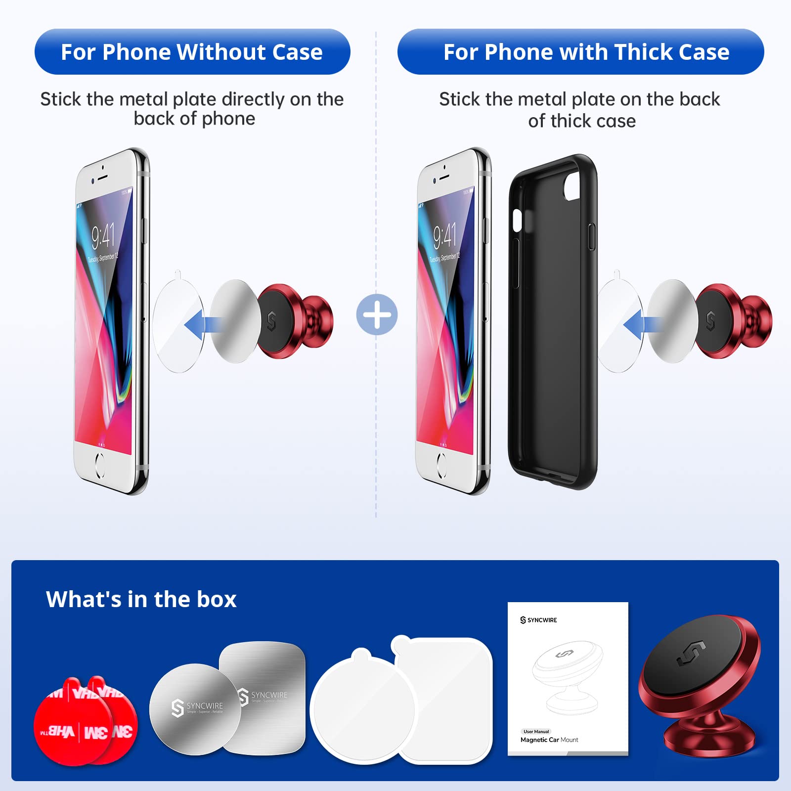 SYNCWIRE Magnetic Car Phone Holder for Dashboard - 360° Adjustable Strong Magnet Phone Mount Compatible with iPhone 15/14/13, Samsung Galaxy S23/S22, LG, GPS & Mini Tablets (Red) | Perfect for Safe Driving, Hands-Free Navigation & Road Trips