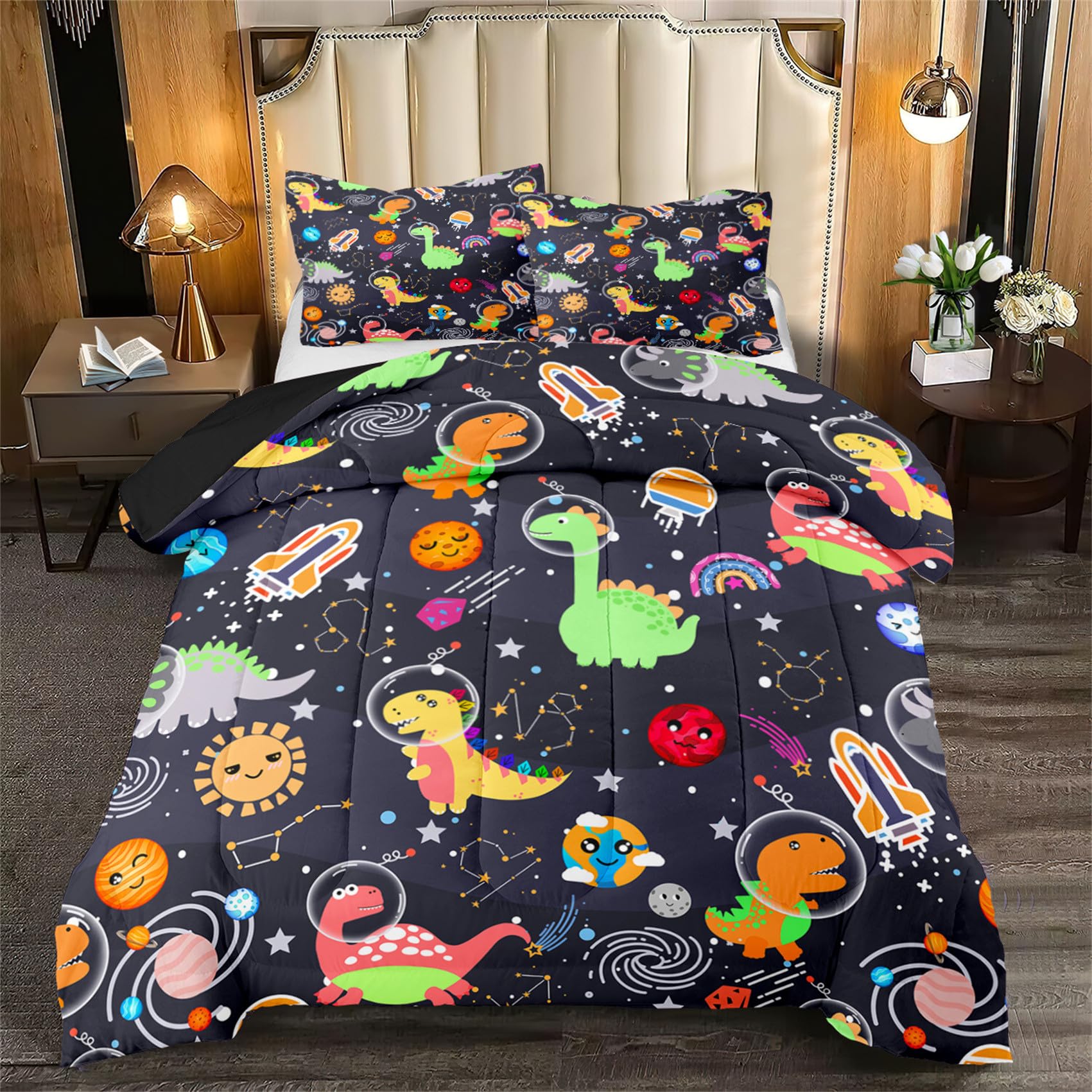 Dinosaur Bedding Set for Boys & Girls - 2Pcs Twin Size Black Dinosaur Comforter Set with Cute Animal Patterns, Includes 1 Quilt & 1 Pillowcase - Perfect for Kids, Teens & Dinosaur Lovers Bedroom Decor | Great for Birthday Gifts & Nursery Room Theme
