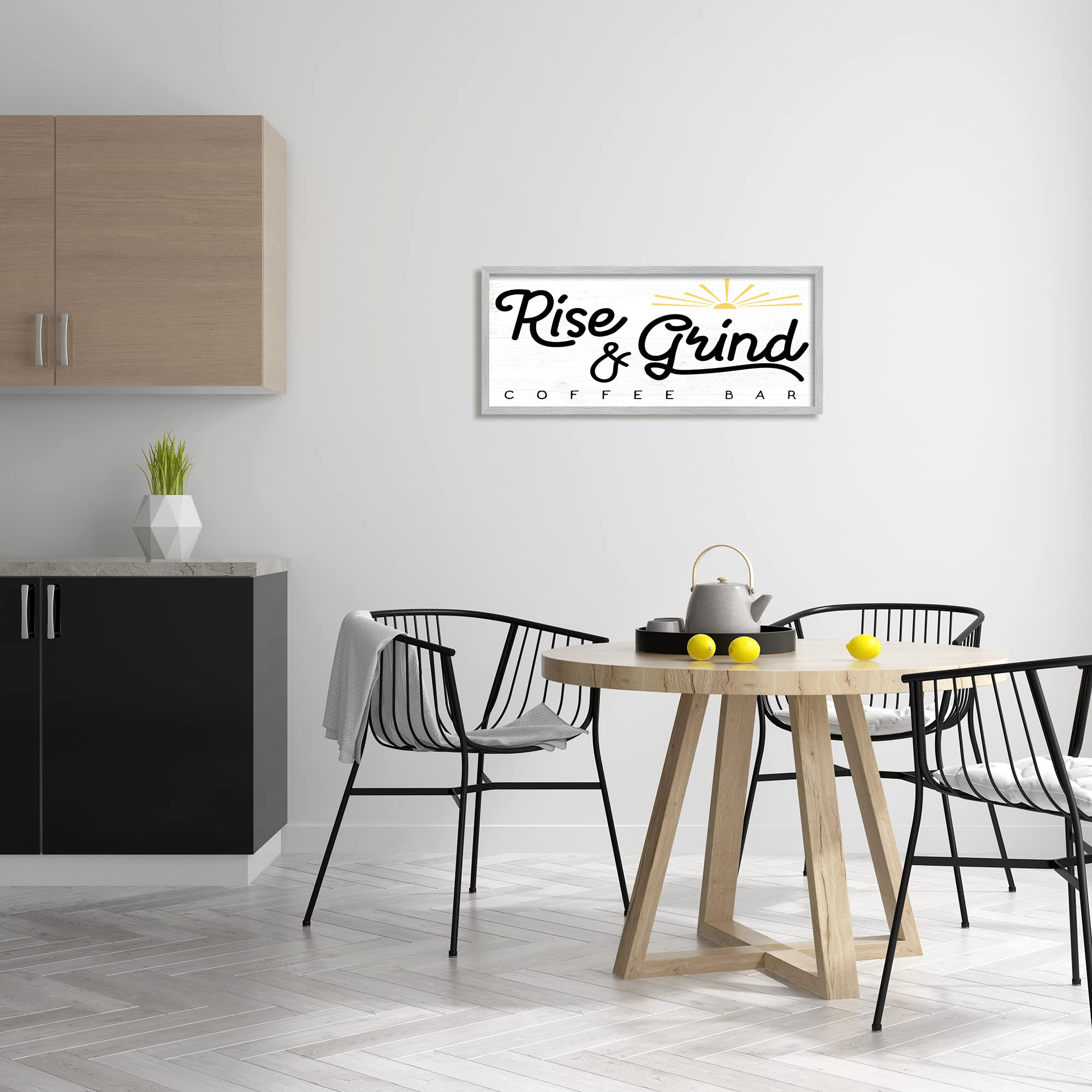 Stupell Industries Rustic Sunrise Coffee Bar Sign - Gray Framed Wall Art 30x13, Off-White | Rise & Grind Kitchen Decor by Daphne Polselli - Perfect for Coffee Shops, Home Cafes & Farmhouse Kitchens
