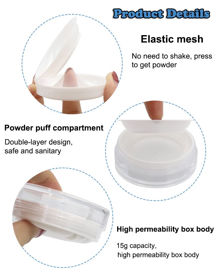 AKOAK 15ml (0.5 oz) Empty Reusable Plastic Loose Powder Compact Container - No Leaks, Includes Sponge Puff, Elastic Net Sifter & Screw Lid - DIY Makeup Case for Travel & Daily Touch-Ups (White)
