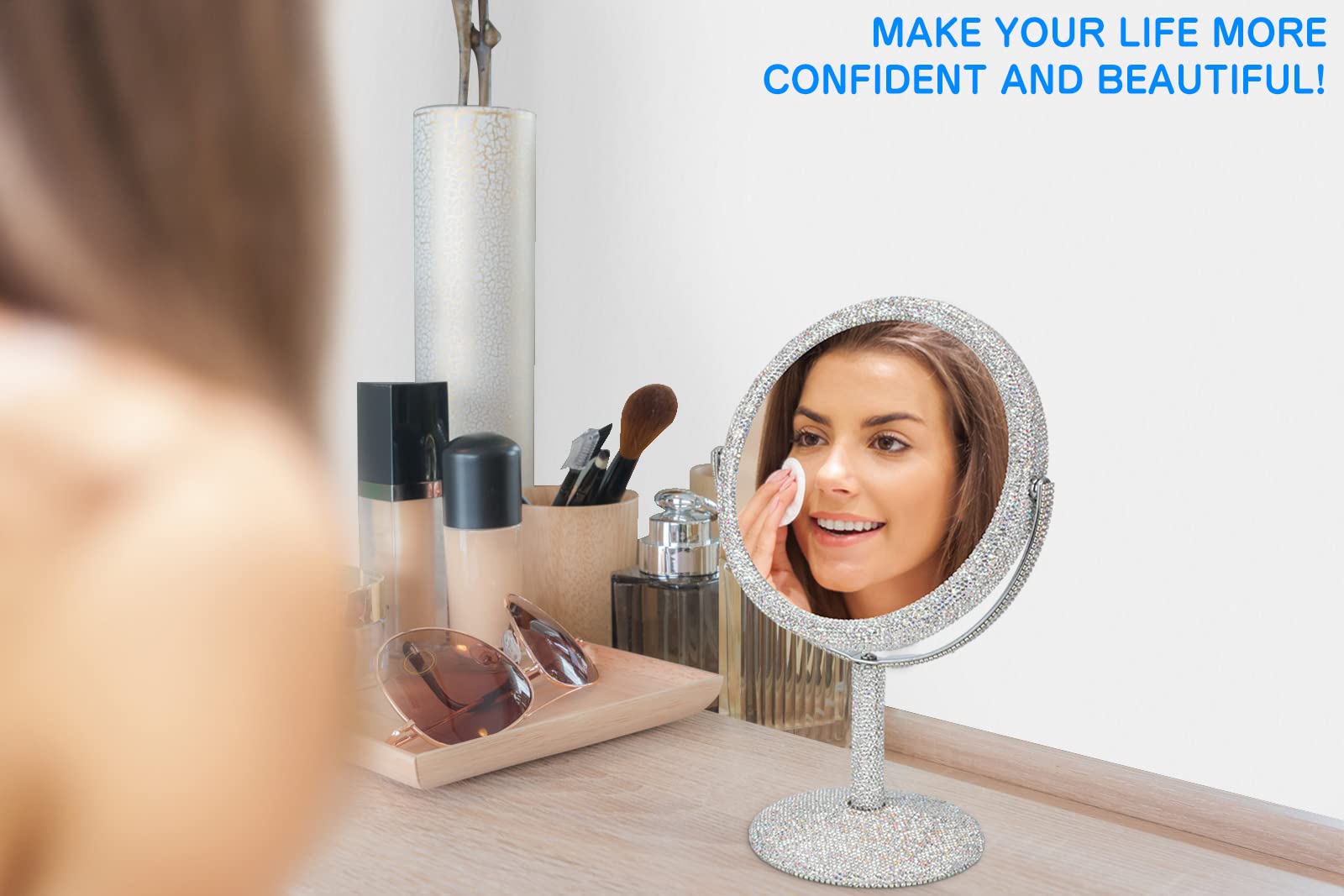KEYPOWER Bling Rhinestone Vanity Mirror - Round Double-Sided Cosmetic Mirror with Stand, Glitter Movable Desk & Tabletop Mirror for Bathroom, Bedroom, Makeup Station (White) - Perfect for Makeup Application, Skincare Routine & Home Decor