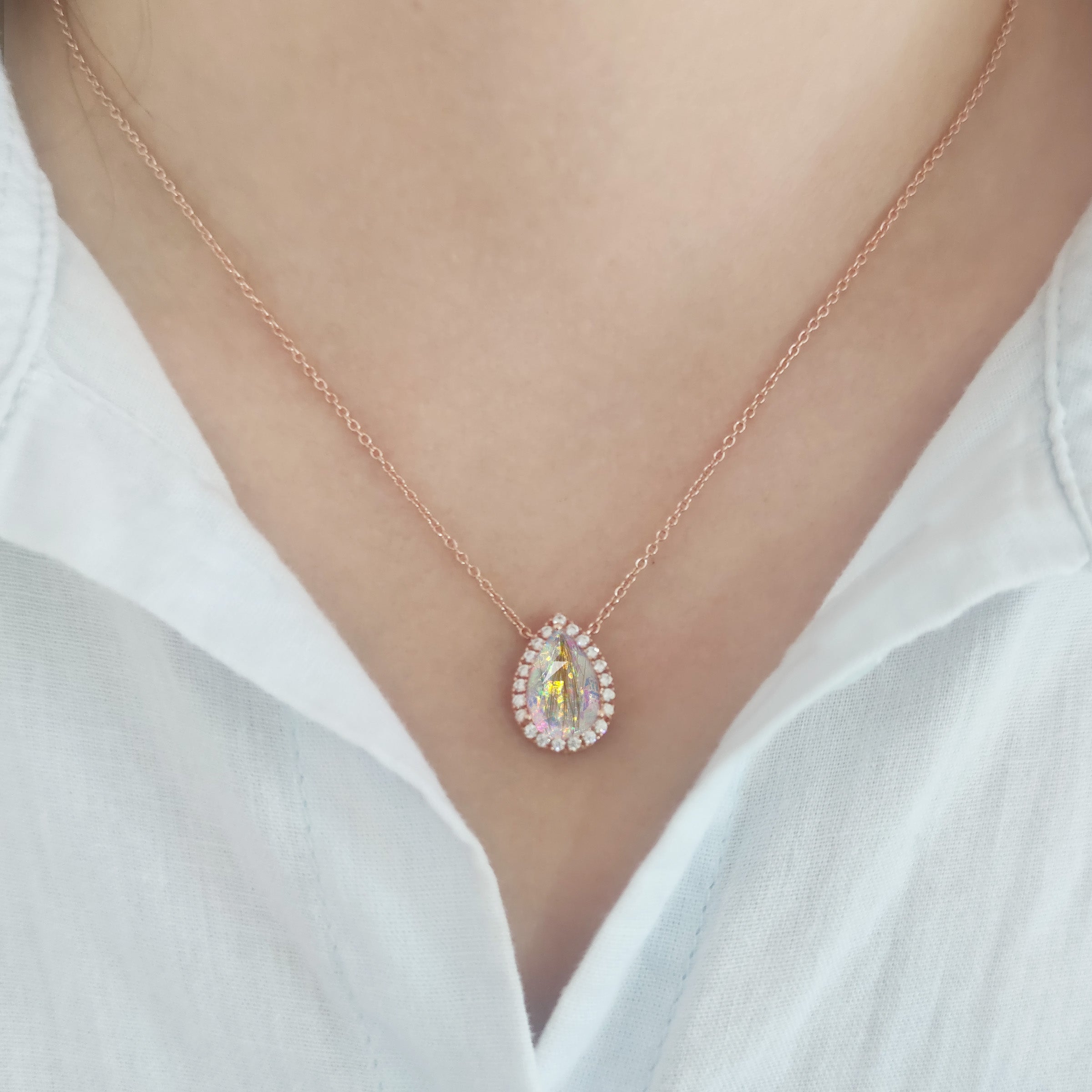 Solid Gold Teardrop Halo Necklace with Hair/Fur Keepsake - Elegant Memorial Jewelry for Ashes, Pet Fur or Loved One's Hair - Perfect for Gifts, Remembrance & Special Occasions