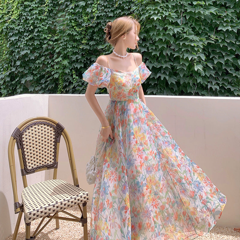 French Retro Fairy Spaghetti Strap Skirt Puff Sleeve Floral Dress - Vintage Summer Flowy Dress for Women, Perfect for Beach Vacations, Garden Parties & Romantic Dates