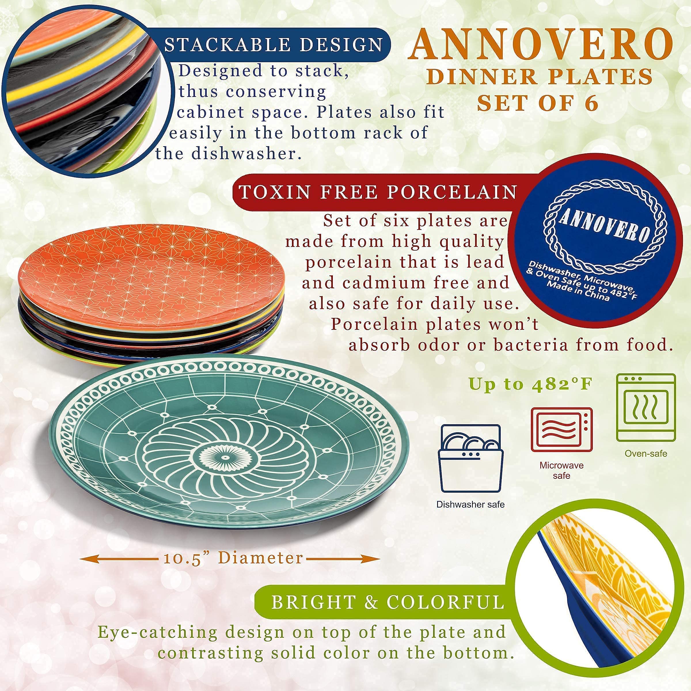 Annovero 12-Piece Colorful Porcelain Dinnerware Set - Salad & Dinner Plates - Microwave & Dishwasher Safe - Elegant Tableware for Home, Restaurants & Parties