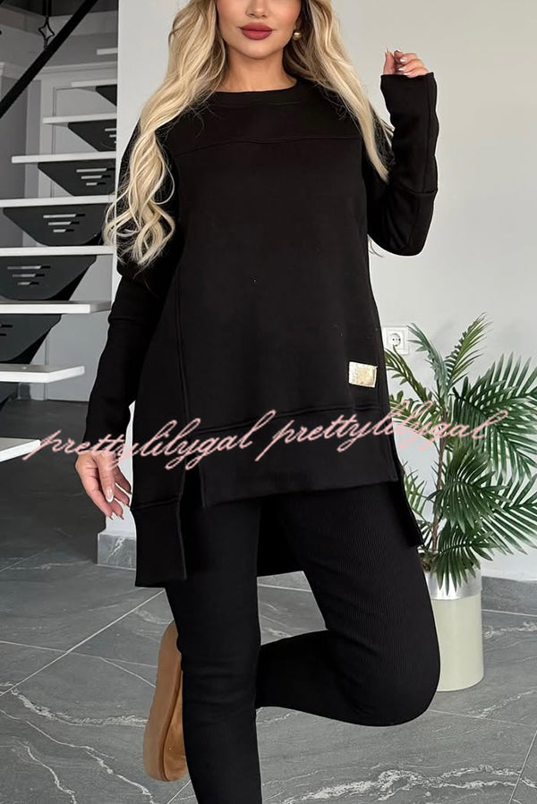Solid Color Crew Neck Long Sleeve Top & Stretchy Casual Pants Set - Women's Comfortable Lounge Wear for Home, Yoga & Everyday Outfits