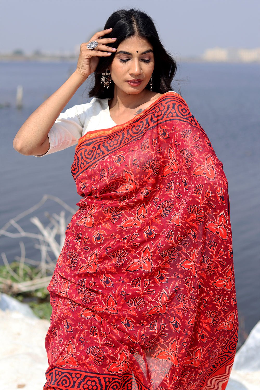 Elegant Dusk & Blush Block Printed Chanderi Saree | Handcrafted Indian Traditional Wear for Weddings & Festive Occasions