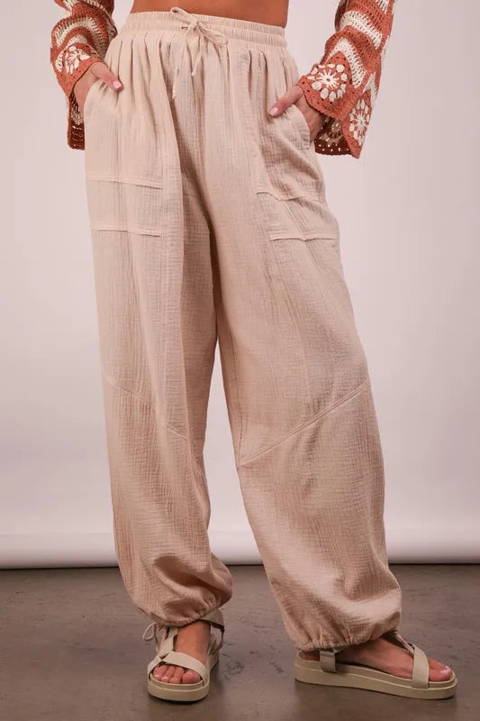 Beige Wide Leg Gauze Beach Pants for Women - Soft & Breathable Summer Lounge Pants - Boho Chic Vacation Wear for Beach, Yoga & Casual Outings