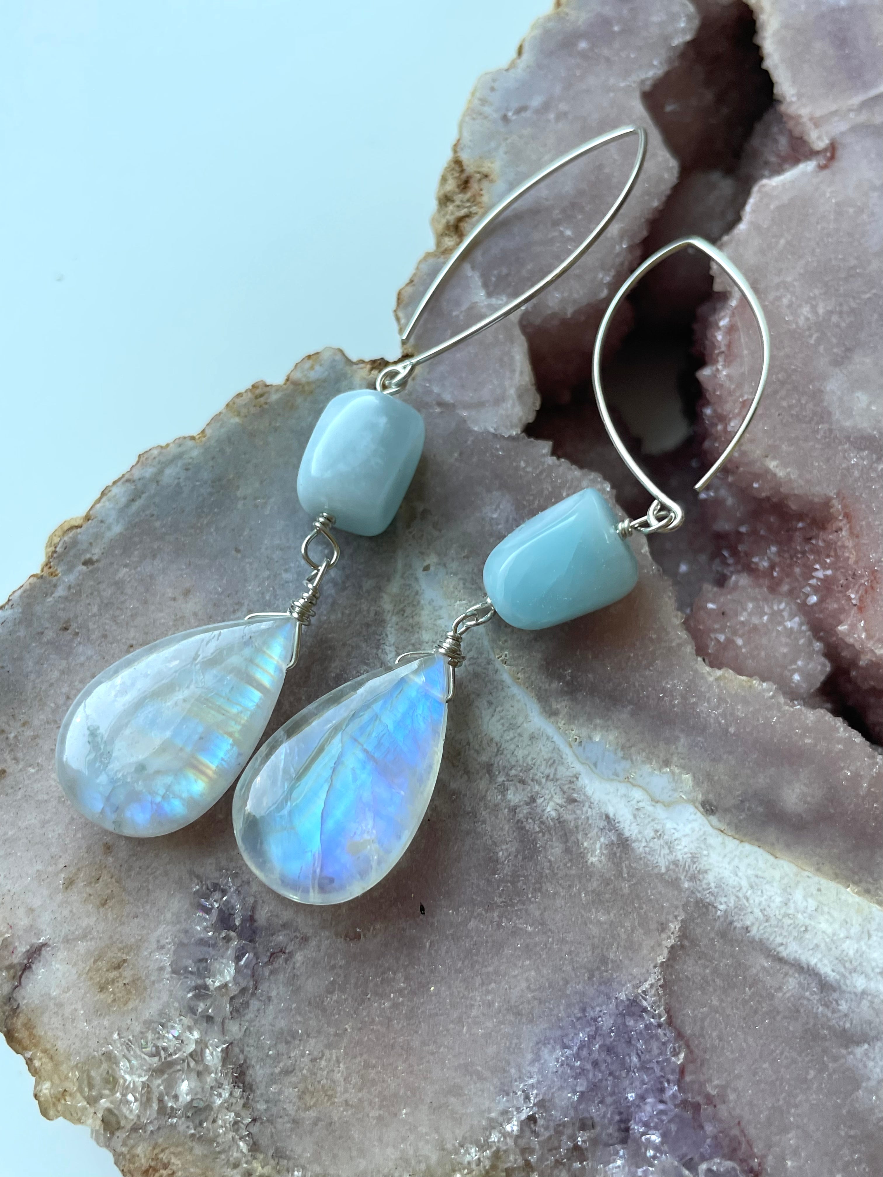 Long Larimar and Moonstone Earrings - Sterling Silver or Gold Filled Dangle Earrings for Women | Perfect for Weddings, Parties & Boho Fashion