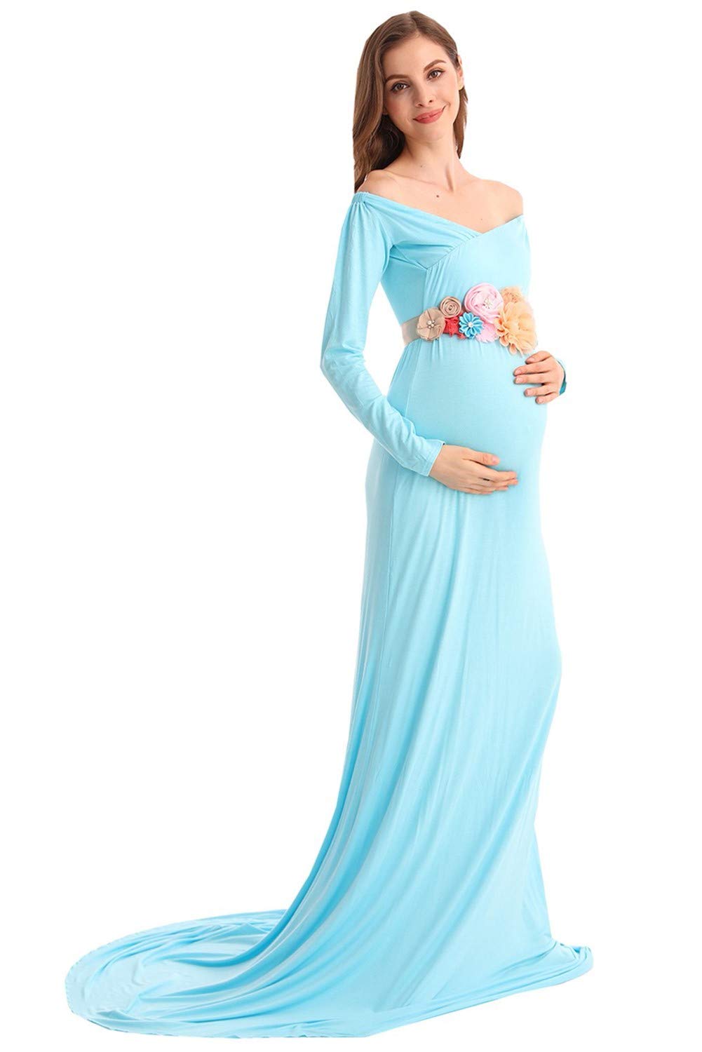 Elegant Women's Maternity Dress - Long Sleeve Off Shoulder Cross-Front V-Neck Slim Fit Maxi Photography Gown with Train - Perfect for Maternity Photos, Baby Showers & Special Occasions